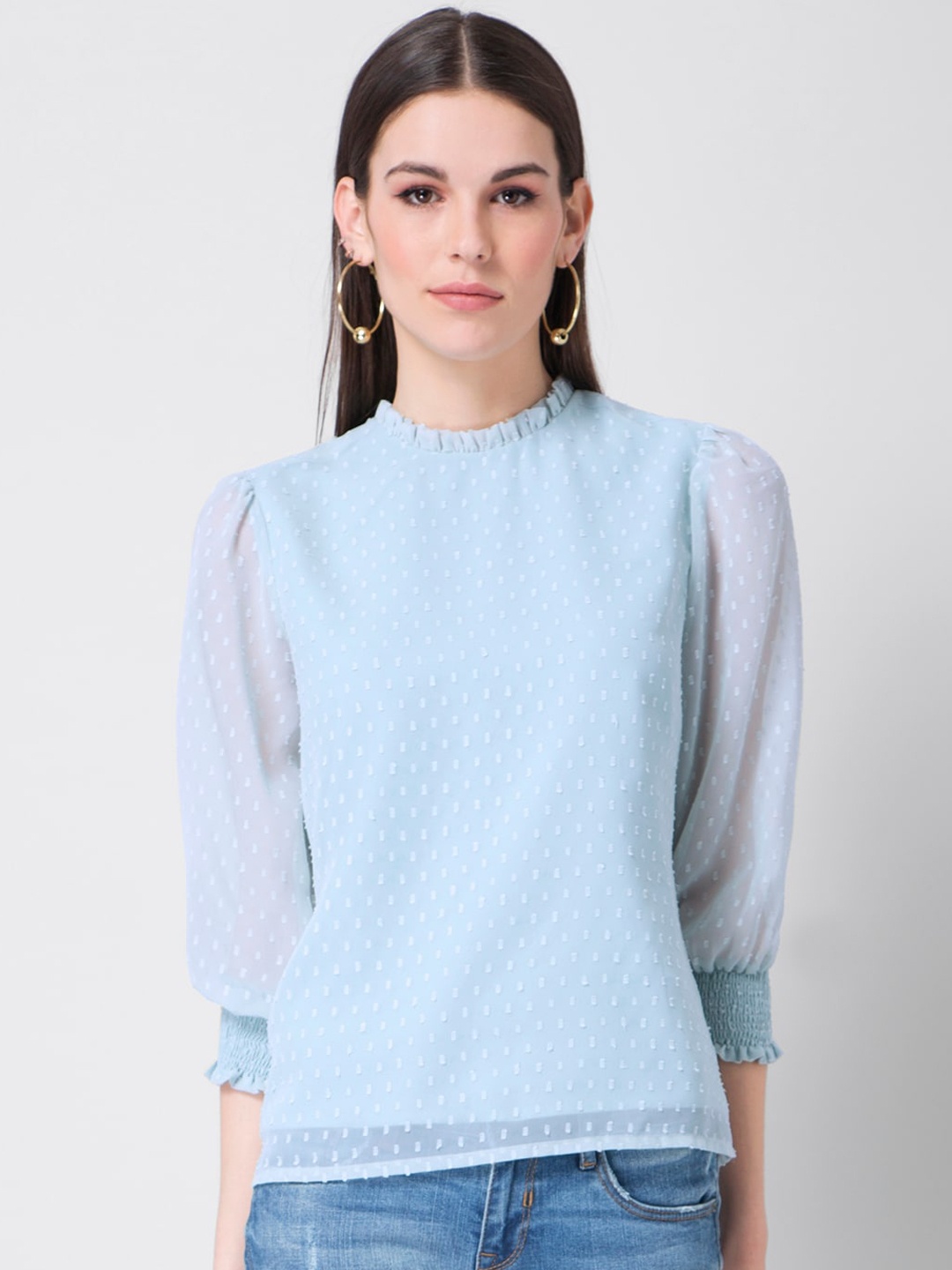 

FabAlley Blue Puff Sleeves Georgette Top