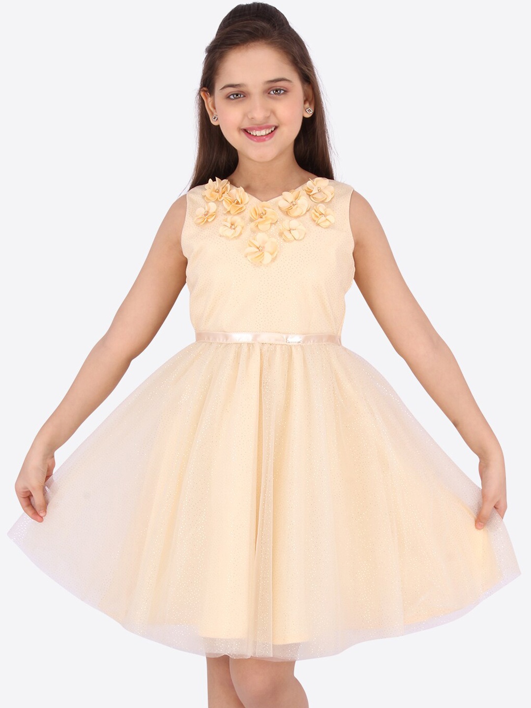 

CUTECUMBER Girls Cream-Coloured Solid Fit and Flare Dress