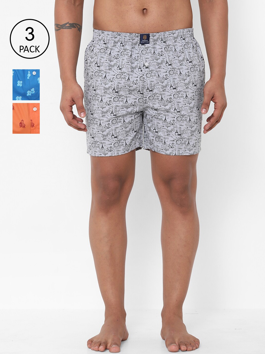 

URBAN SCOTTISH Men Pack Of 3 Printed Boxers USBX2101, Orange