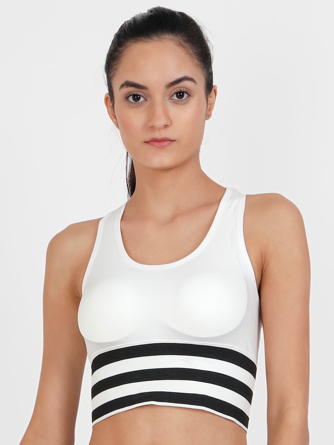 

Lebami White & Black Solid Non-Wired Removable Padding Workout Bra