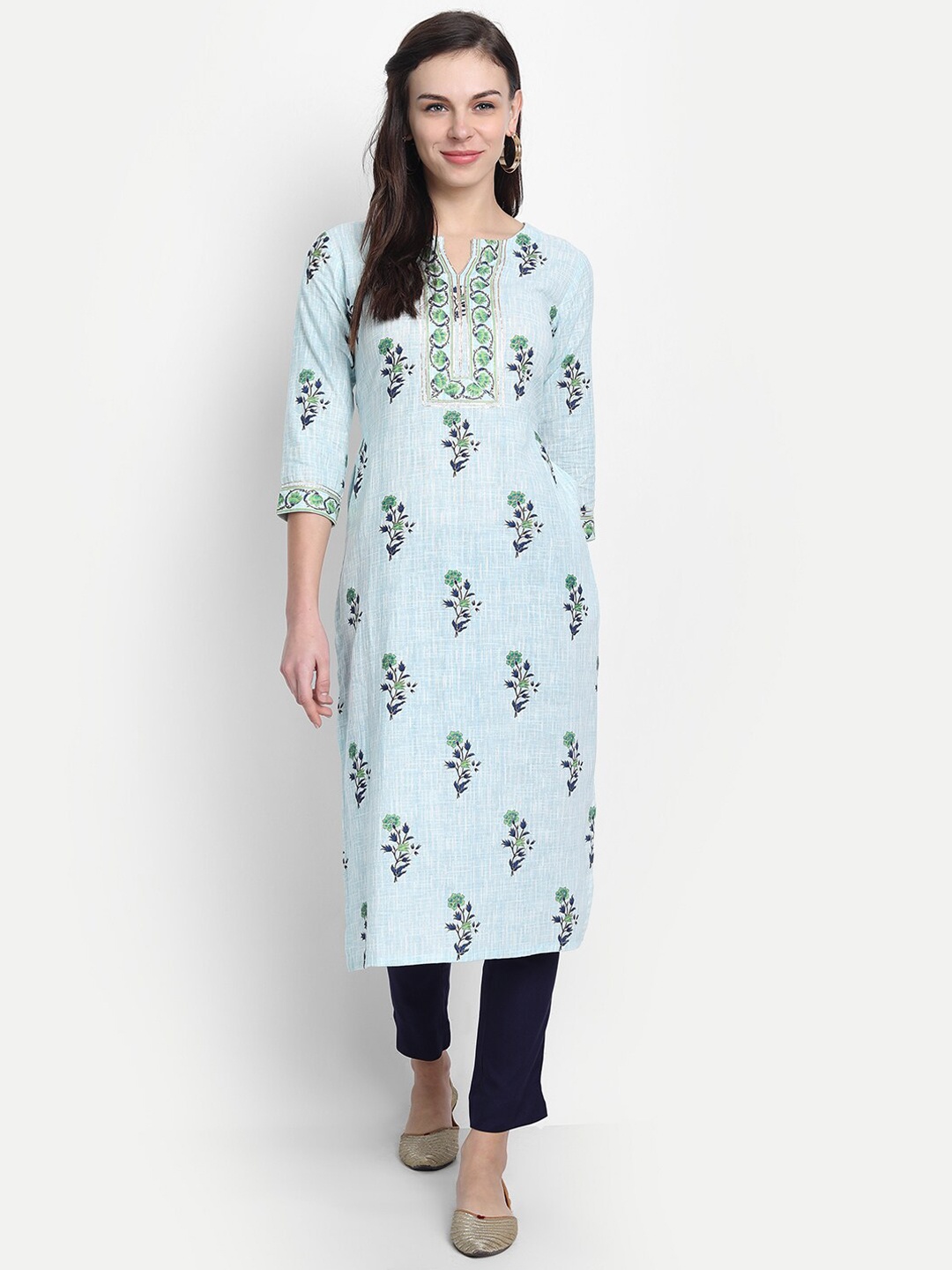 

fabGLOBAL Women Blue Floral Printed Thread Work Handloom Kurta