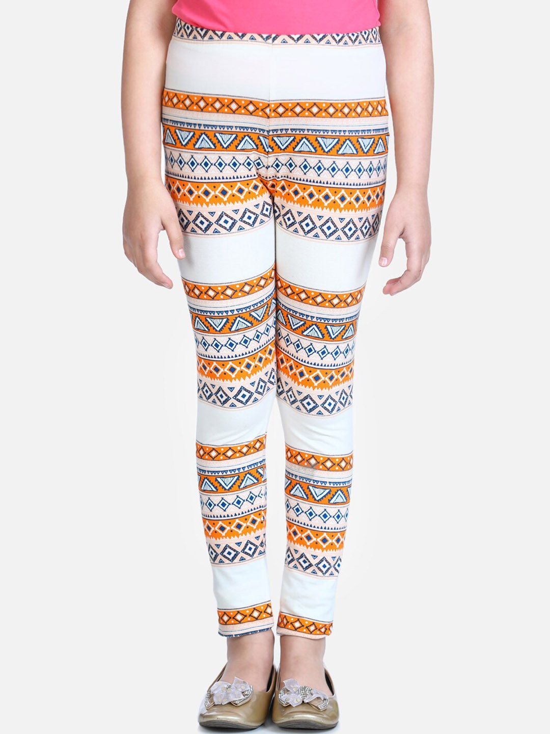 

Naughty Ninos Girls White & Orange Printed Ankle-Length Leggings