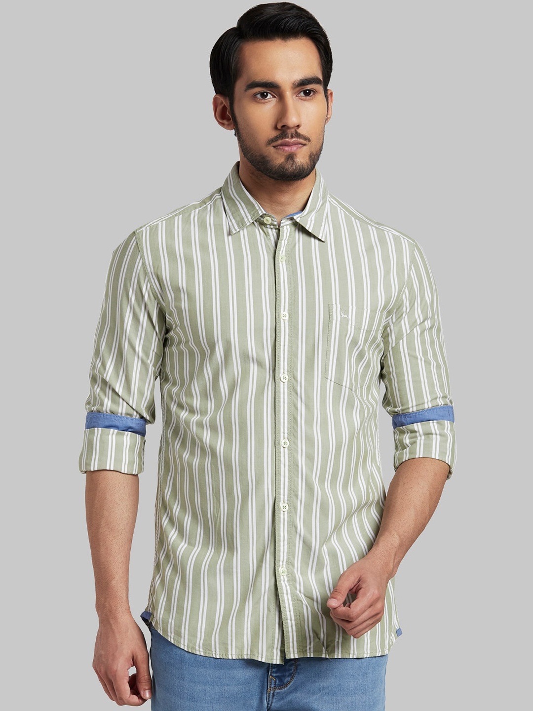 

Parx Men Olive Green & White Slim Fit Striped Casual Shirt