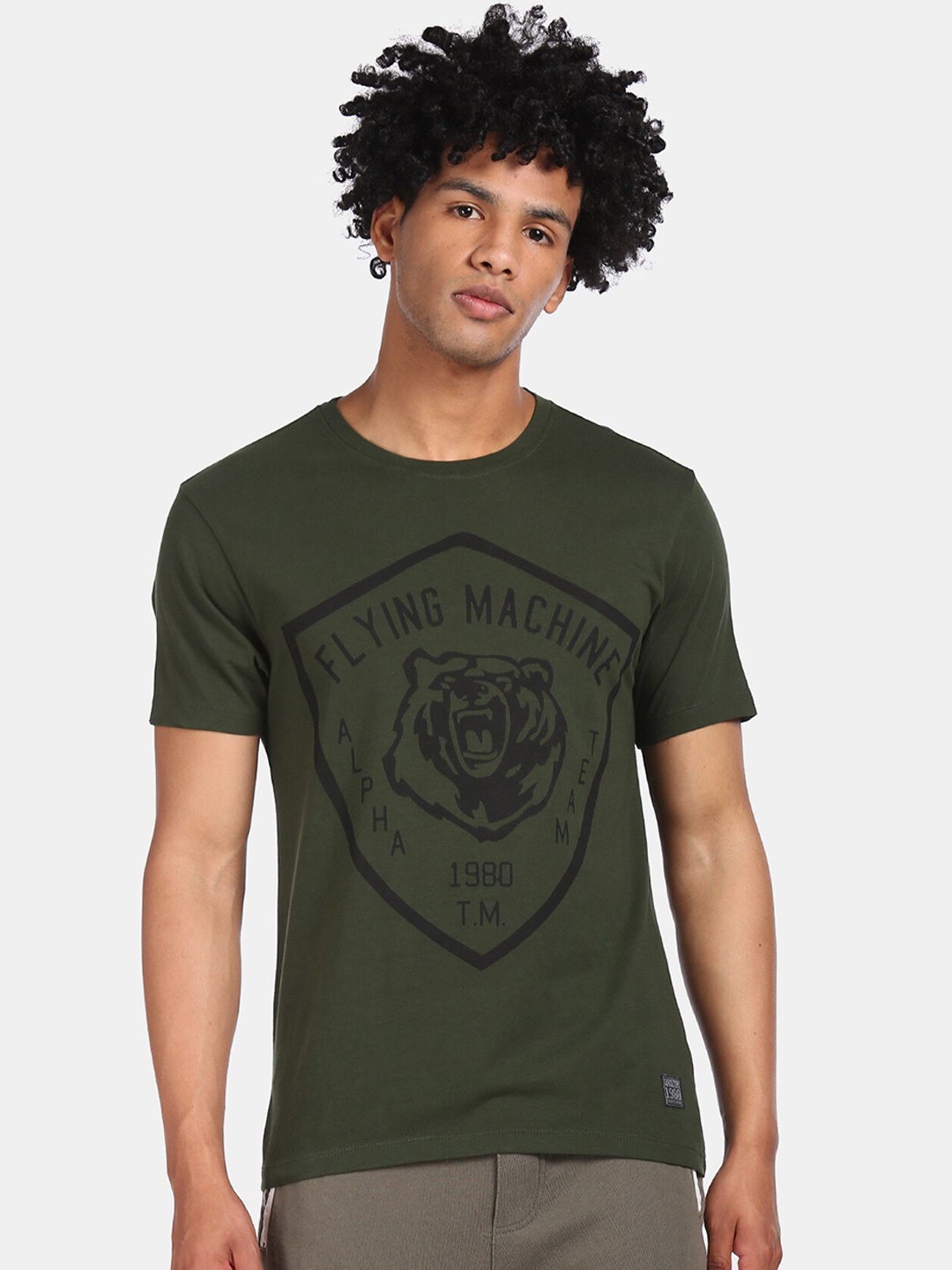 

Flying Machine Men Olive Green Black Printed Round Neck Cotton Pure Cotton T-shirt