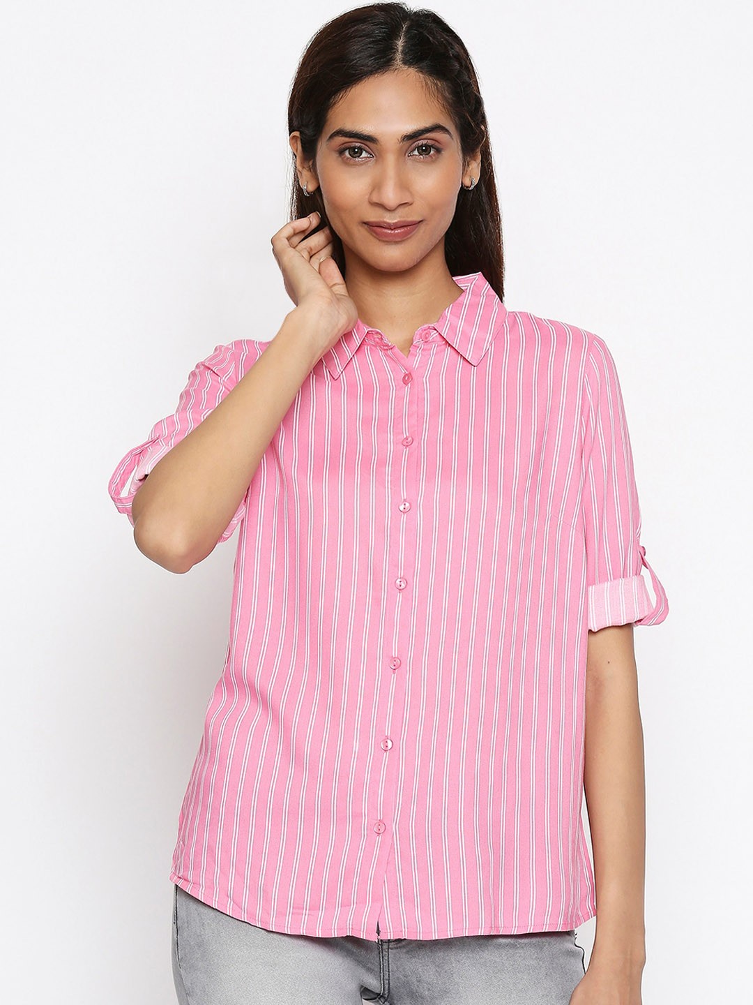 

Honey by Pantaloons Women Pink & White Regular Fit Striped Casual Shirt