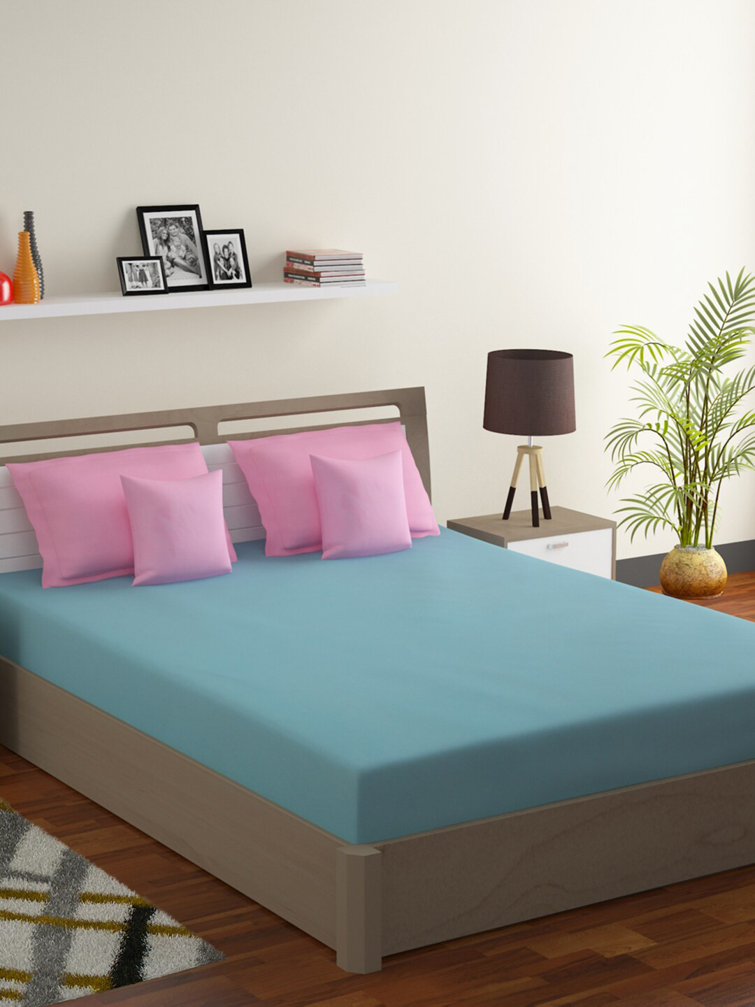 

Bromwick Teal Blue & Pink Solid 180 TC Polycotton 1 Queen Bedsheet with 4 Pillow Covers