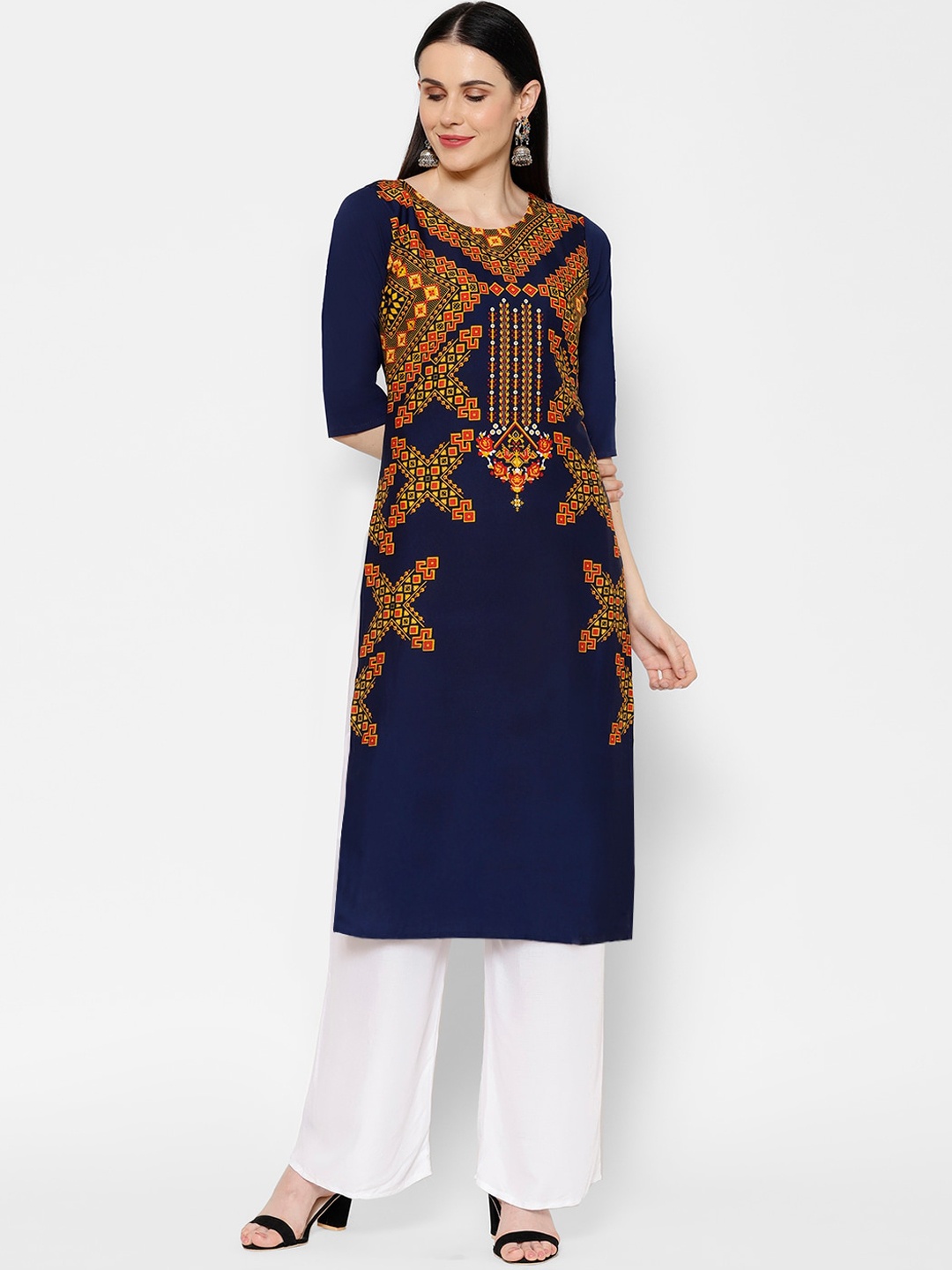 

7Threads Women Navy Blue Geometric Printed Crepe Kurta