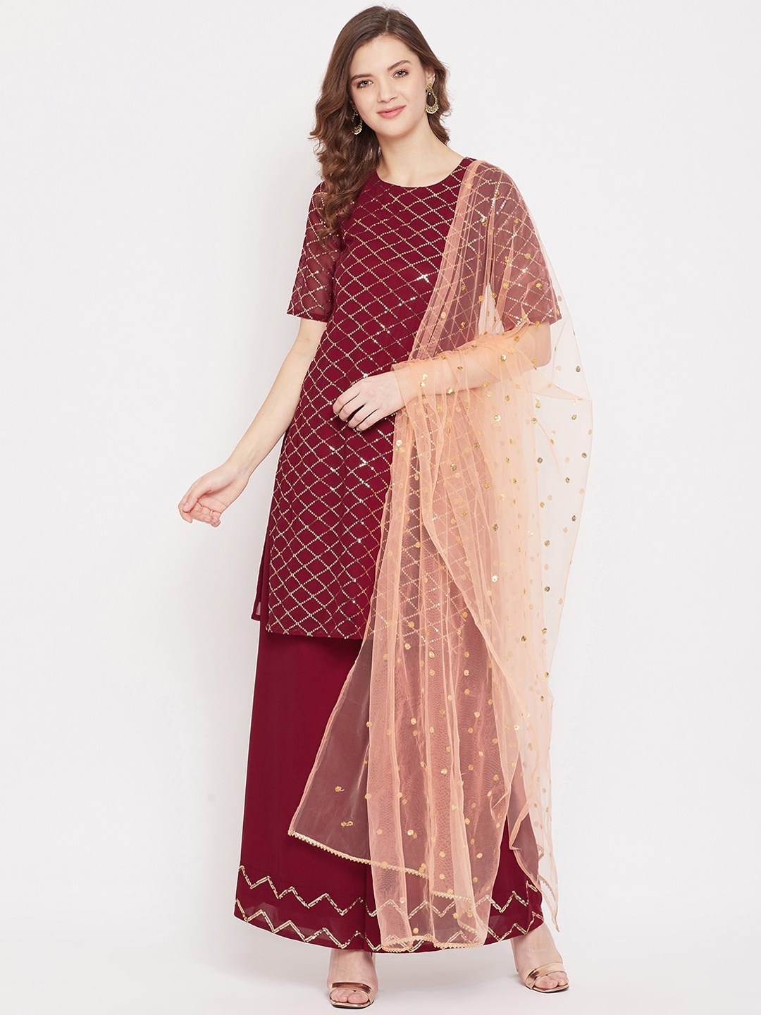 

PANIT Women Maroon Embroidered Kurta with Sharara & Dupatta