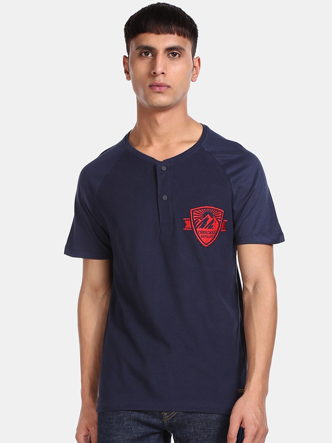 

Cherokee Men Blue Solid Henley Neck Cotton Pure Cotton T-shirt