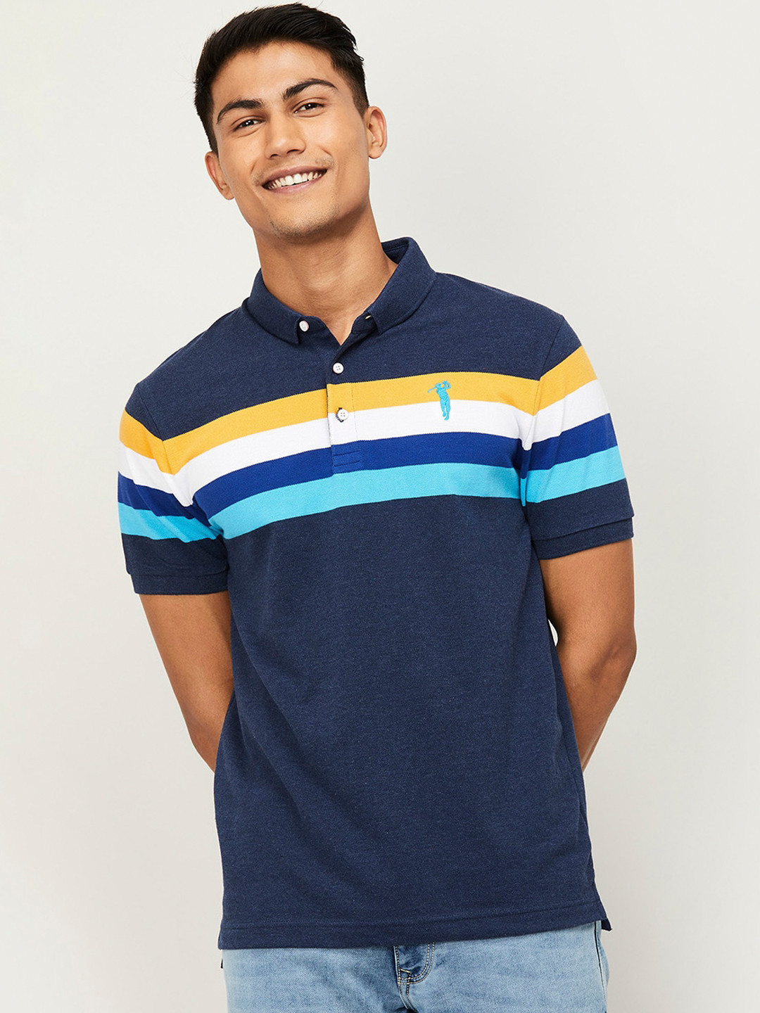 

Bossini Men Navy Blue Striped Mandarin Collar T-shirt