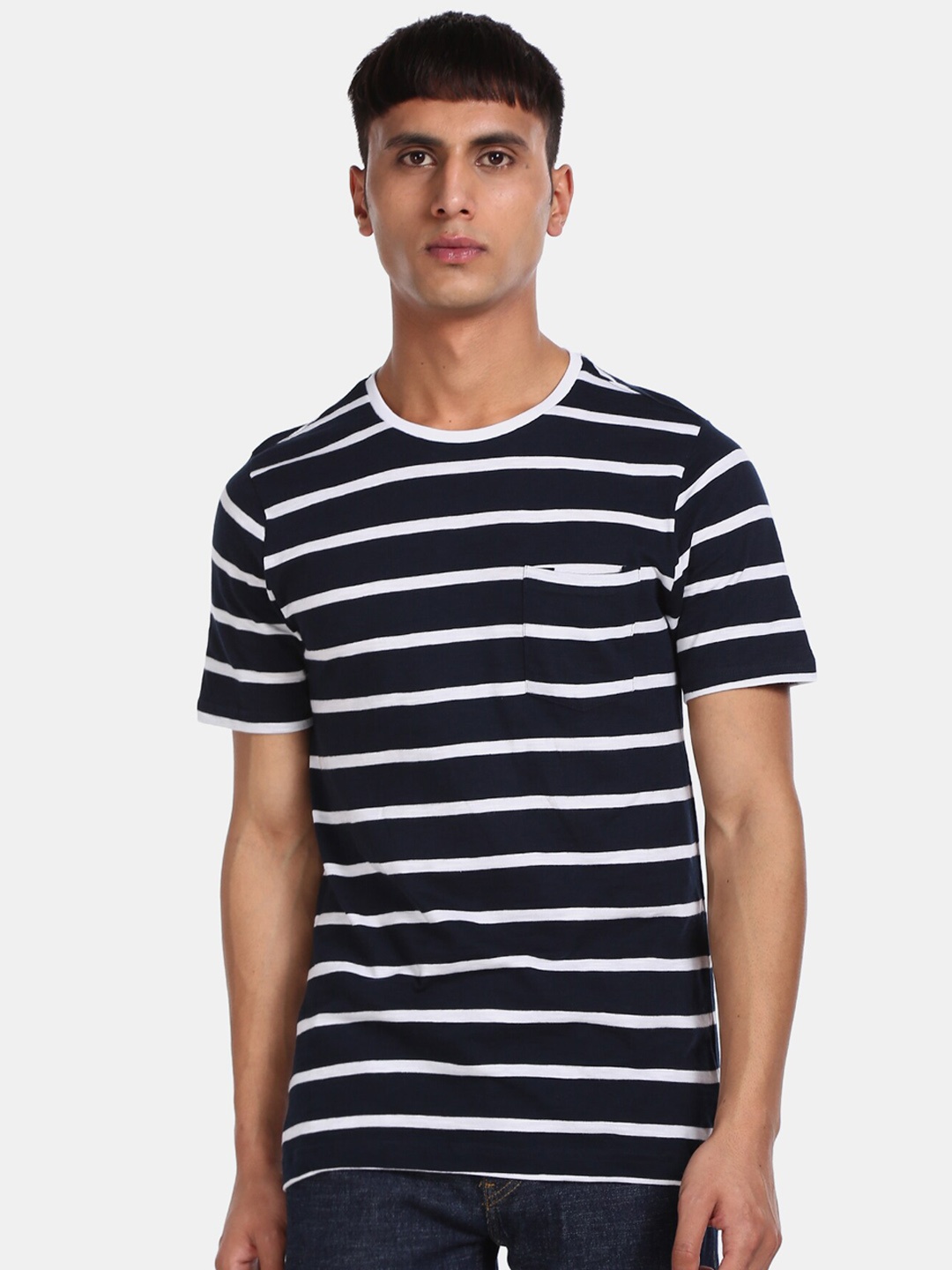 

Cherokee Men Blue White Striped Round Neck Pure Cotton T-shirt