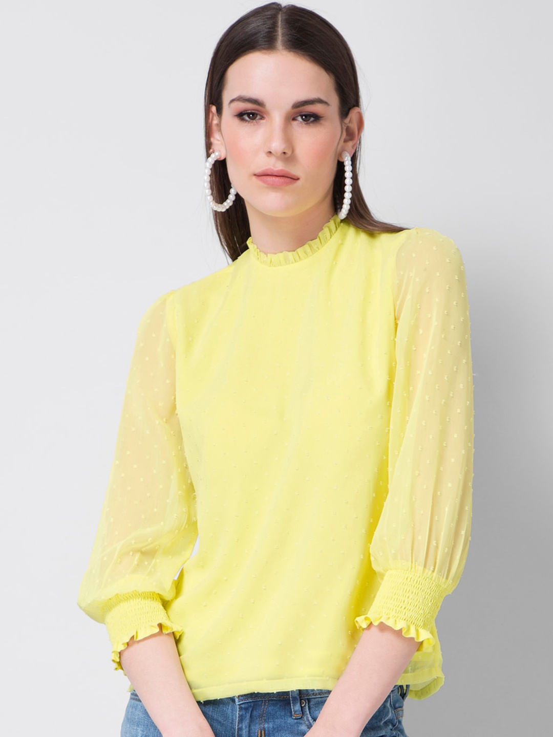 

FabAlley Yellow Puff Sleeves Georgette Top