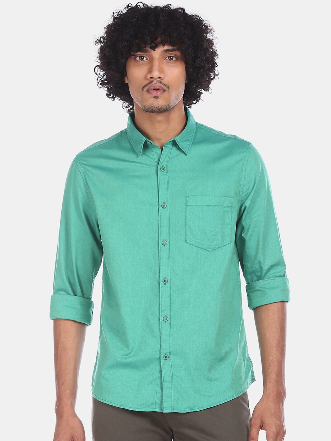 

Ruggers Men Sea Green Regular Fit Solid Cotton Casual Shirt
