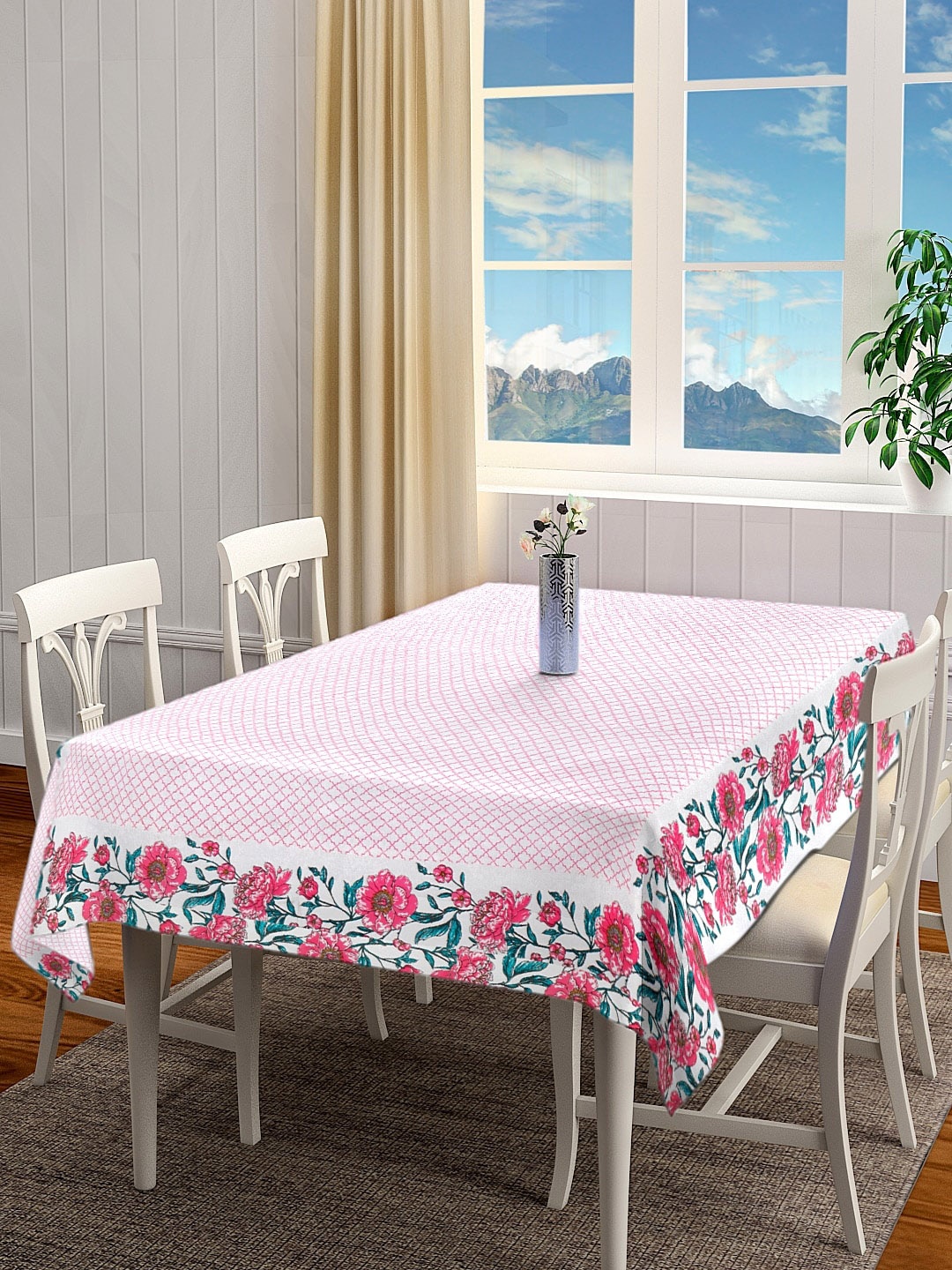 

BLANC9 Pink & White Geometric Printed Rectangular Cotton Table Cover