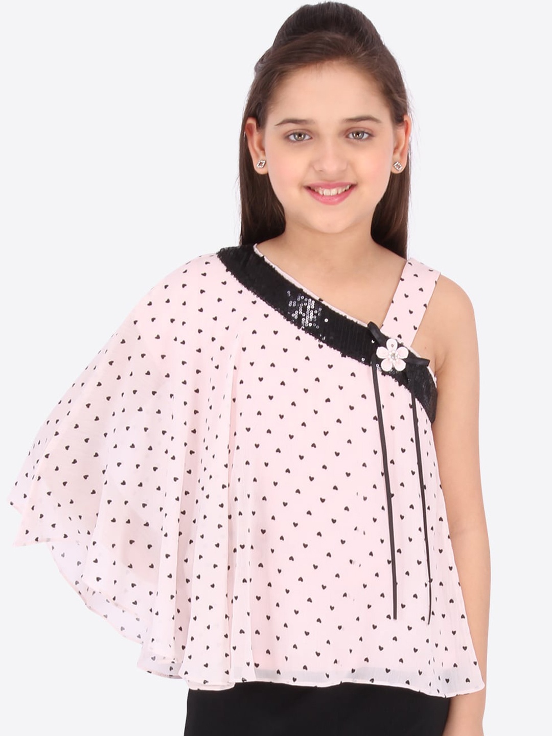 

CUTECUMBER Girls Pink Printed One Shoulder Kimono Sleeves Chiffon Top
