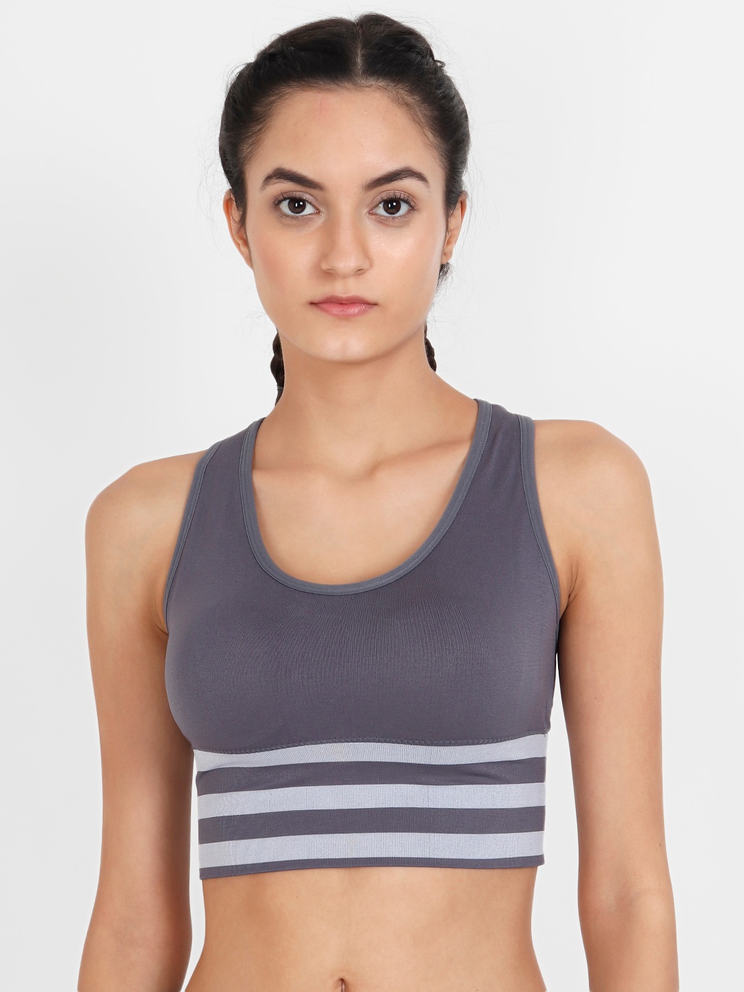 

Lebami Grey Solid Non-Wired Removable Padding Workout Bra Stripes Bra