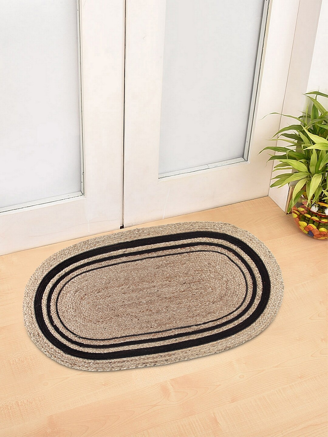 

BLANC9 Black & Brown Striped Cotton Hand Braided Floor Mat