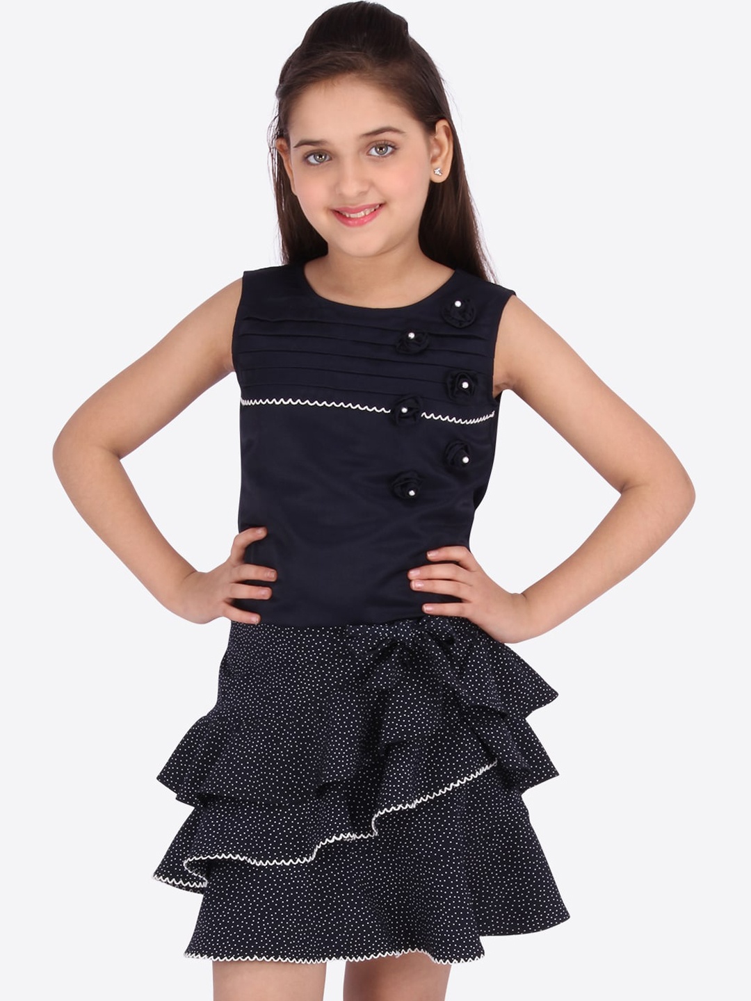 

CUTECUMBER Girls Navy Blue Solid Top with Skirt