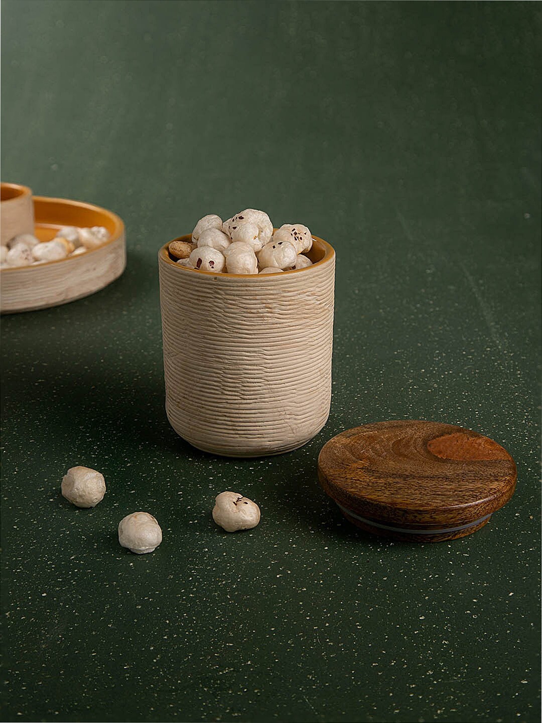 

ellementry Beige & Brown Textured Amber Love Ceramic Jar With Wooden Lid