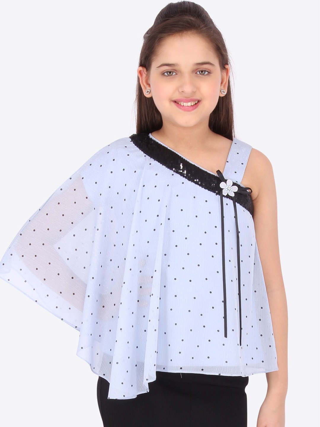 

CUTECUMBER Blue Printed One Shoulder Flared Sleeves Layered Chiffon Top