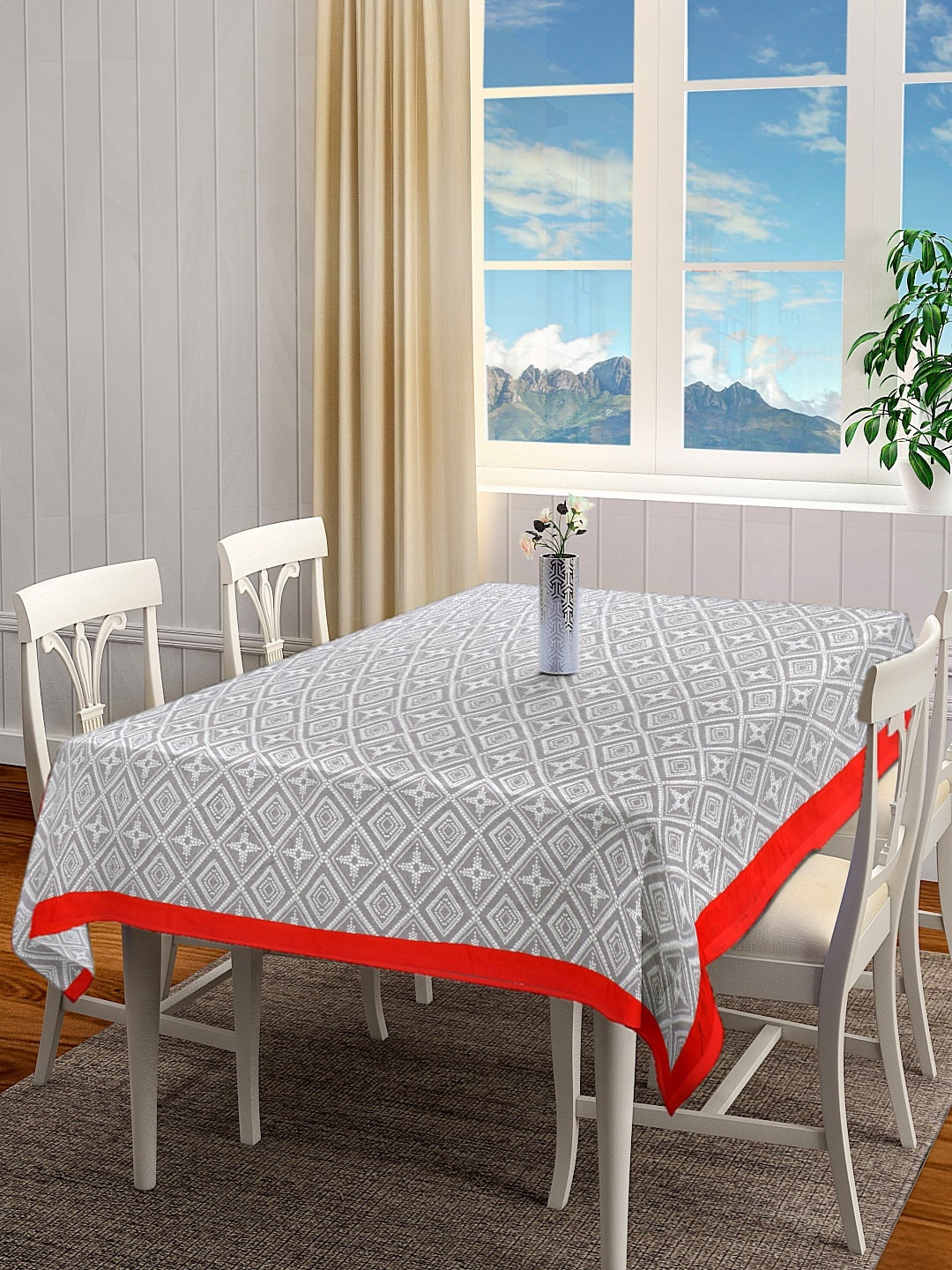 BLANC9 Grey & White Geometric Printed Rectangular Cotton Table Cover