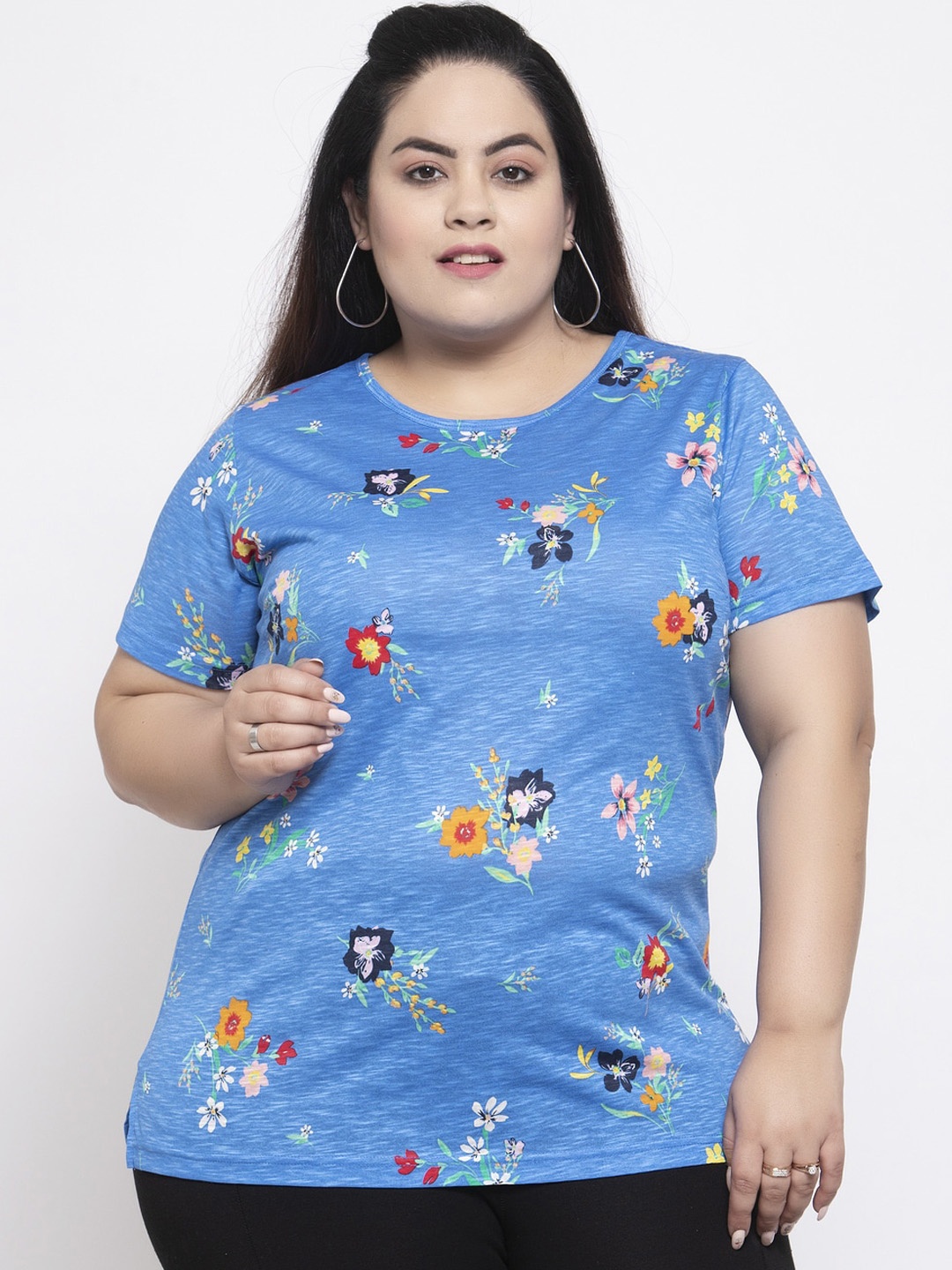 

plusS Women Blue Printed Round Neck T-shirt