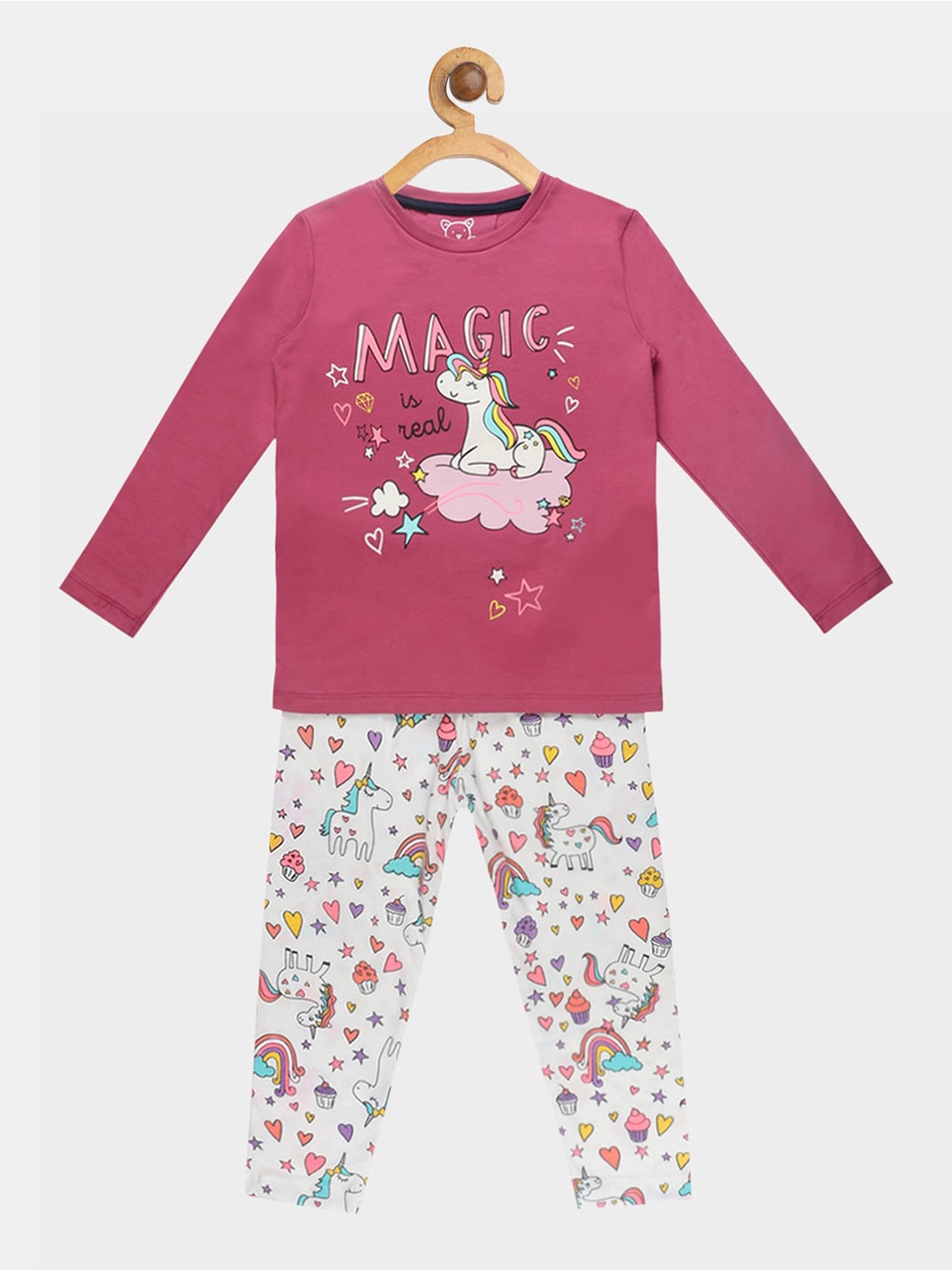 

Lazy Shark Girls Pink & White Unicorn Printed Night Suit
