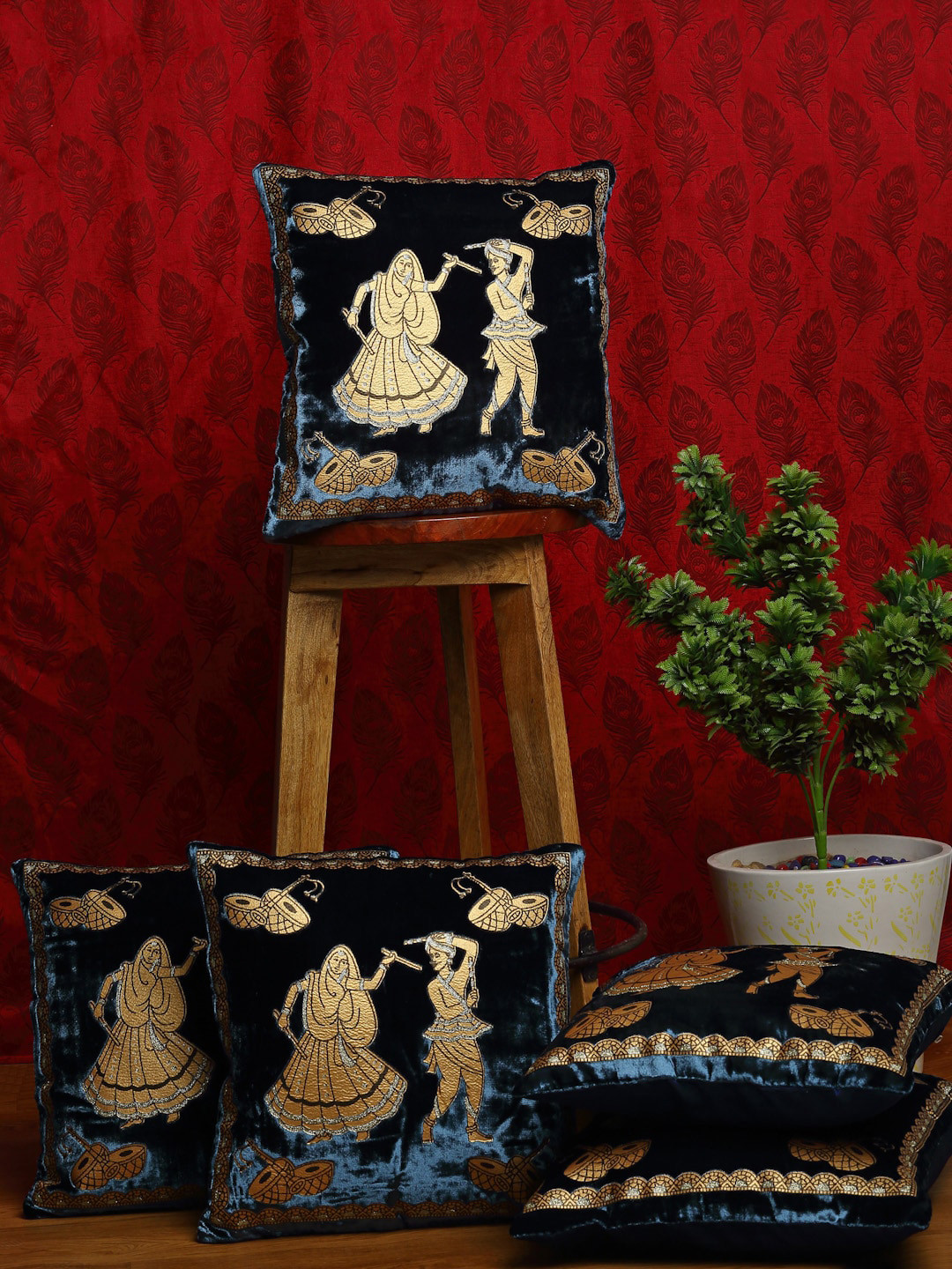

HOSTA HOMES Blue & Gold-Toned Set of 5 Ethnic Motifs Square Cushion Covers
