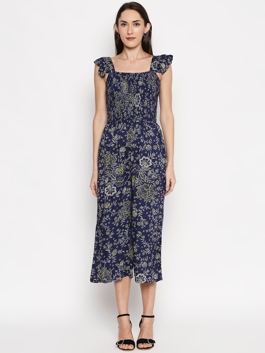 

People Women Navy Blue & Yellow Printed Capri Jumpsuit