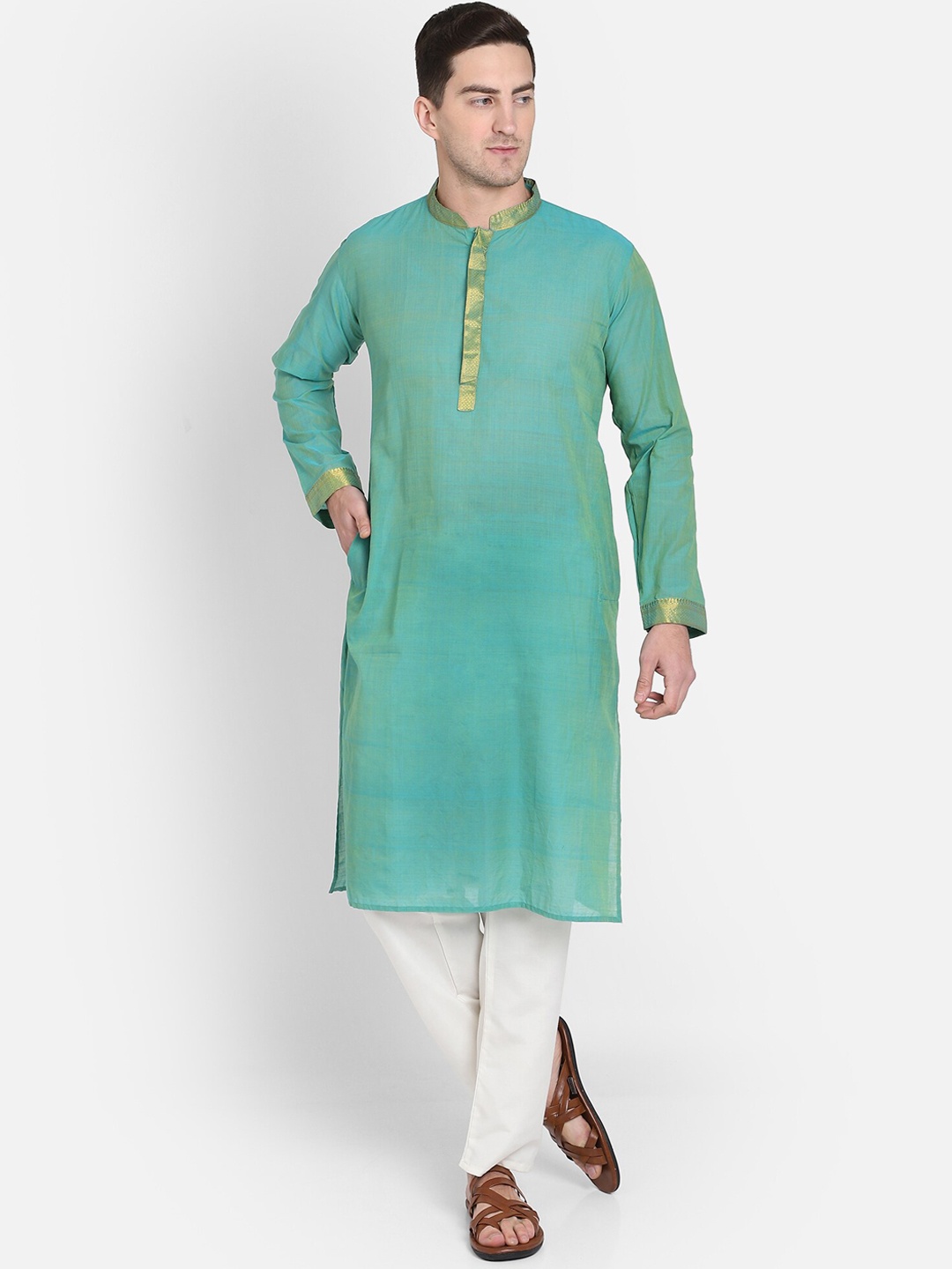 PAROKSH Men Teal Handloom Straight Kurta