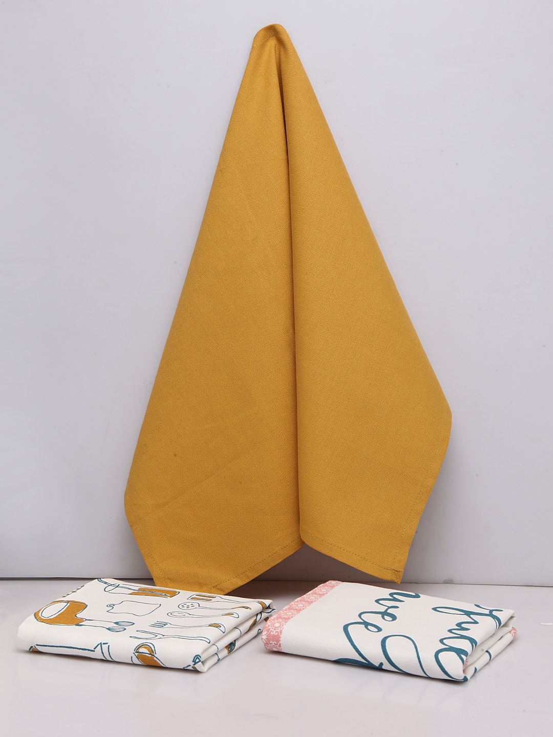 BLANC9 Set Of 3 Printed Cotton Kitchen Towels, Mustard