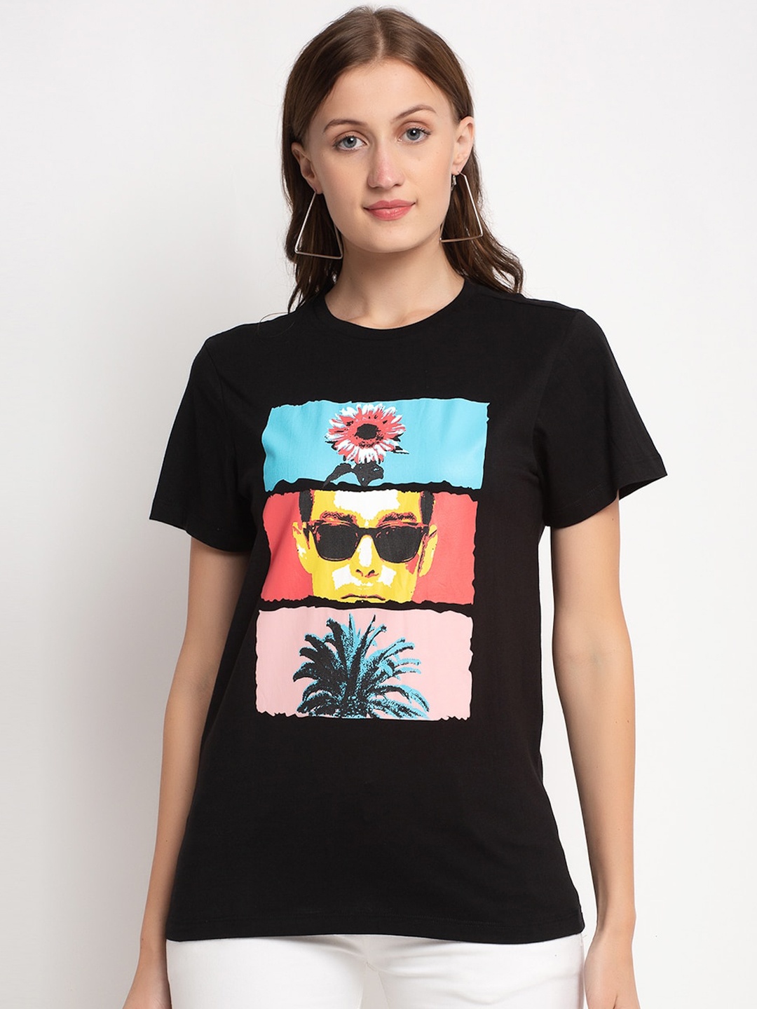 

DOOR74 Women Black Printed Round Neck T-shirt