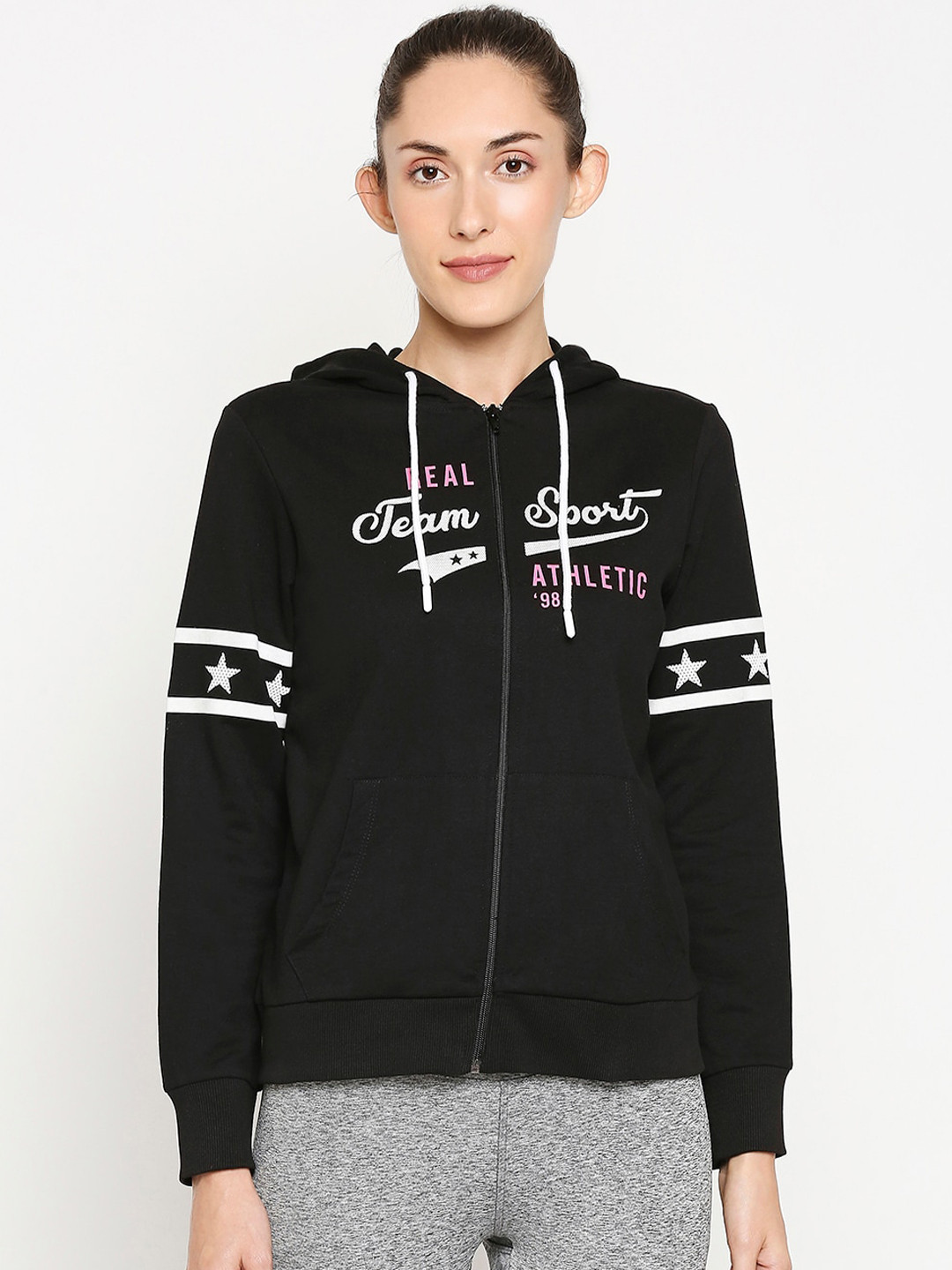 

Ajile by Pantaloons Women Black Printed Cotton Hooded Sweatshirt