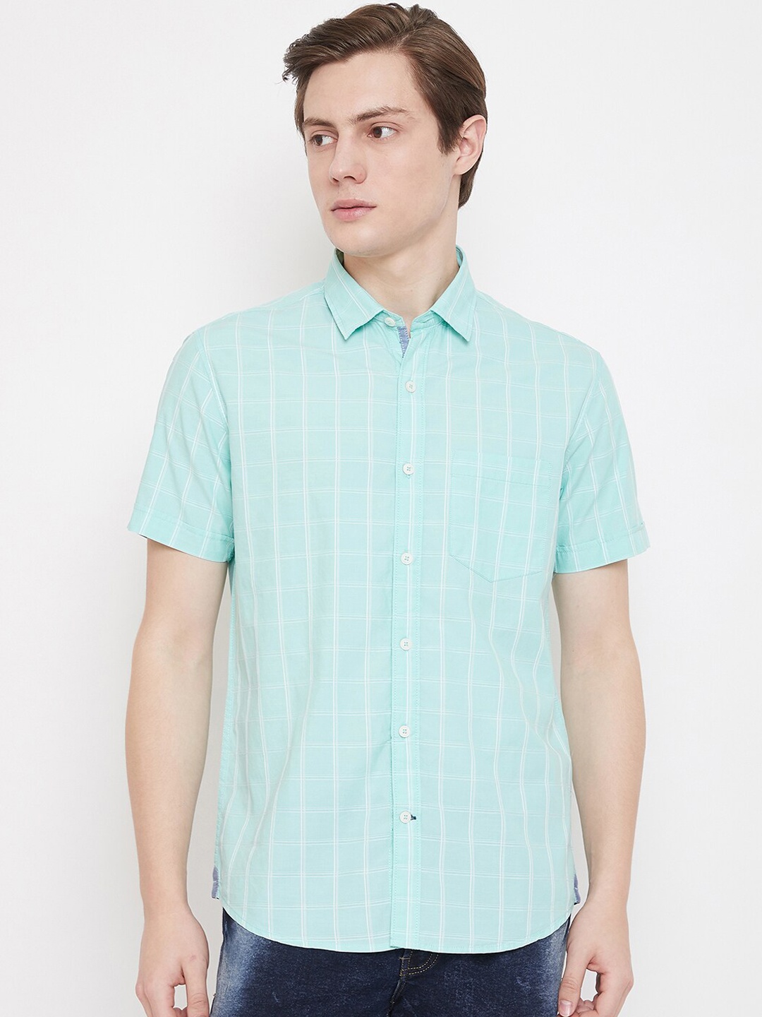 

Octave Men Sea Green & Off-White Regular Fit Checked Casual Shirt