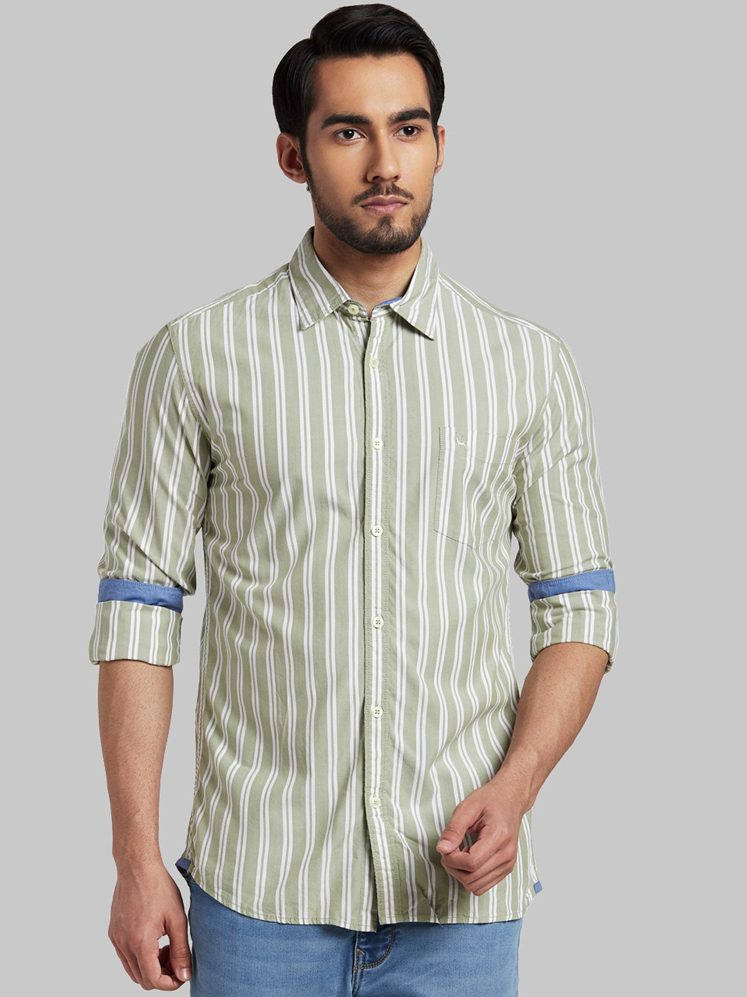 

Parx Men Olive Green & White Slim Fit Striped Casual Shirt