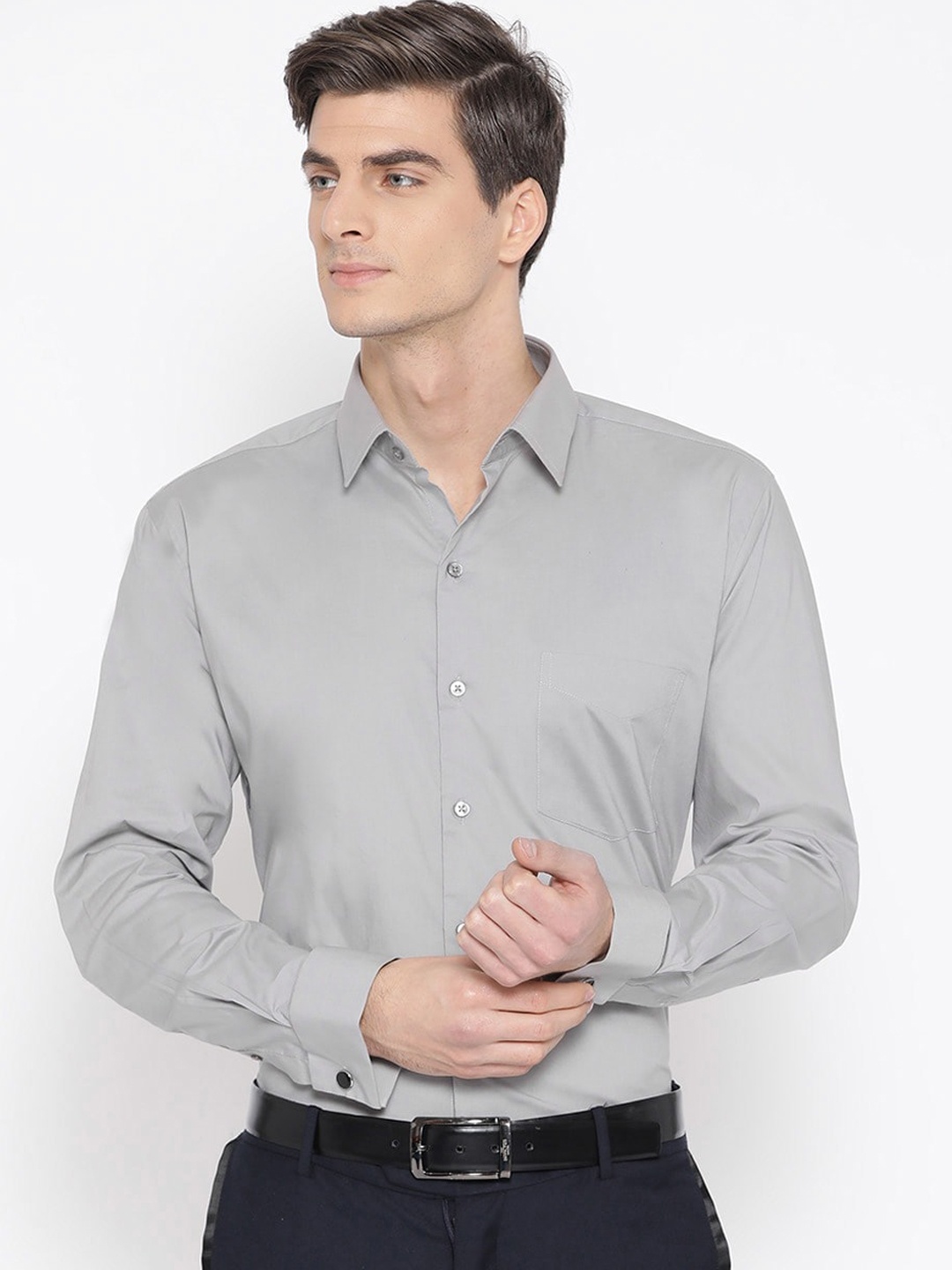 

Hancock Men Grey Solid French Cuff Slim Fit Pure Cotton Formal Shirt