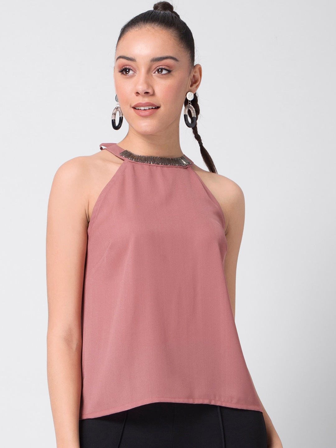 

FabAlley Pink Halter Neck Crepe Top