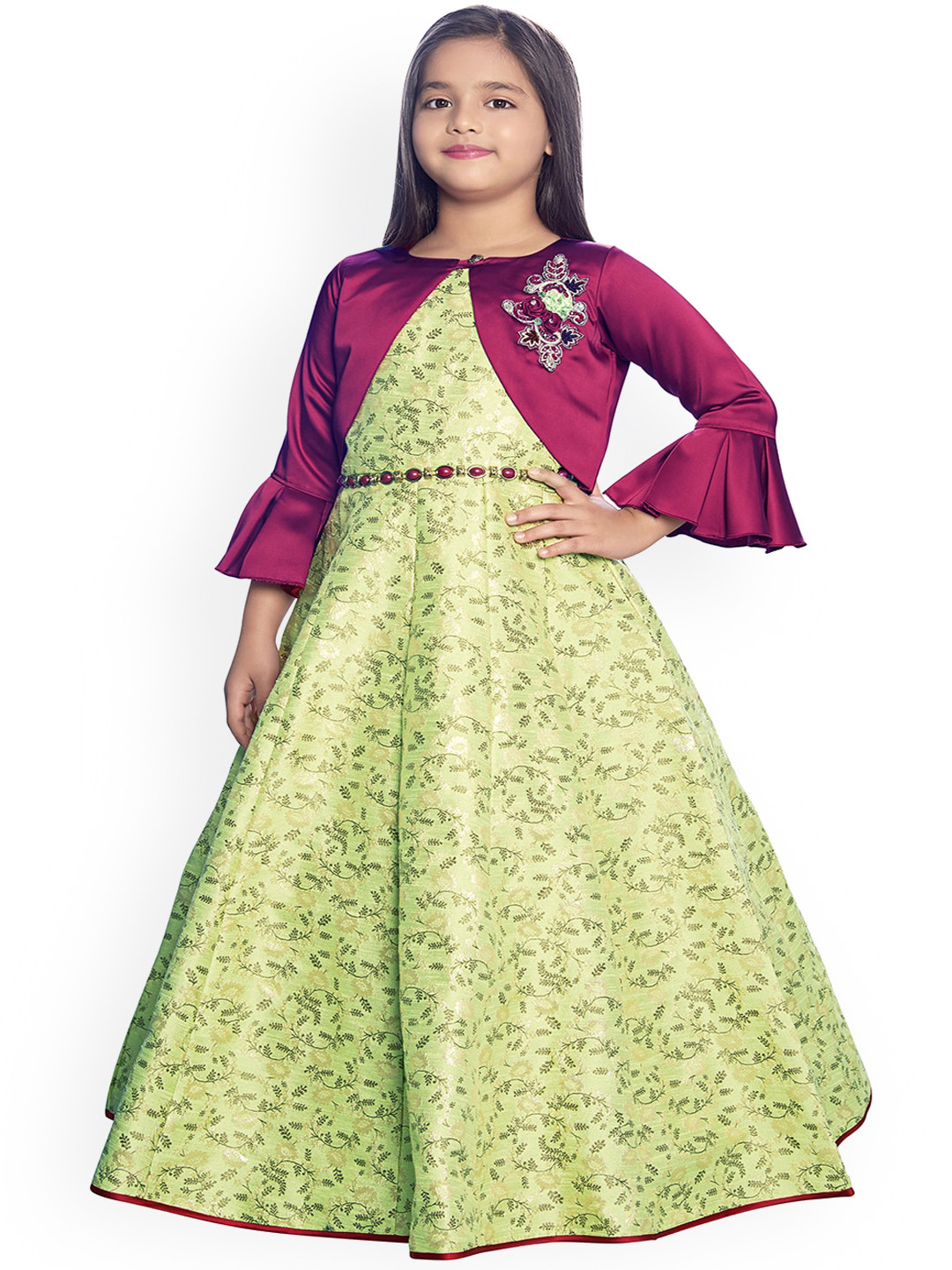 

BETTY Girls Green Woven Design Maxi Dress With Shrug