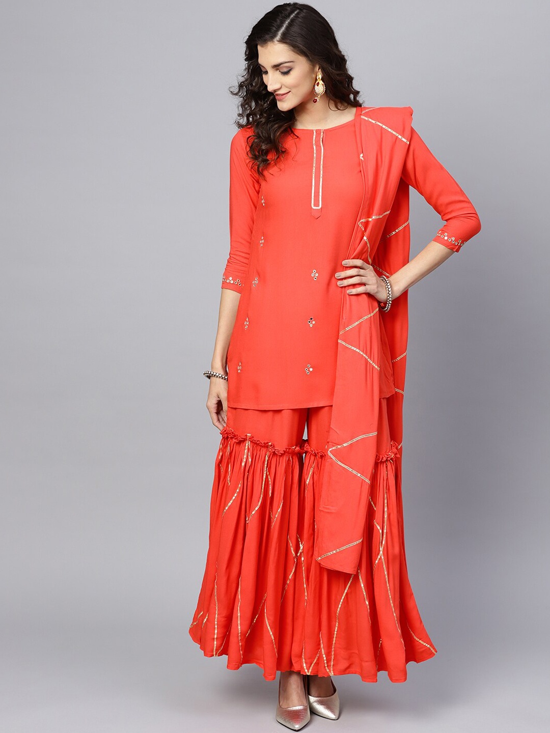 

Ishin Women Peach-Coloured Solid Kurti with Sharara & Dupatta