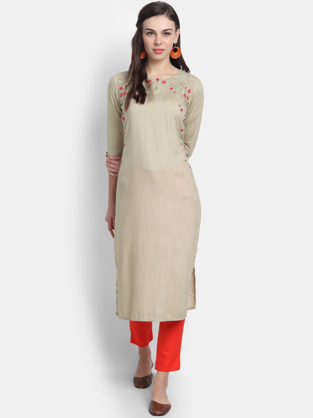 

fabGLOBAL Women Olive Green Floral Embroidered Thread Work Handloom Kurta