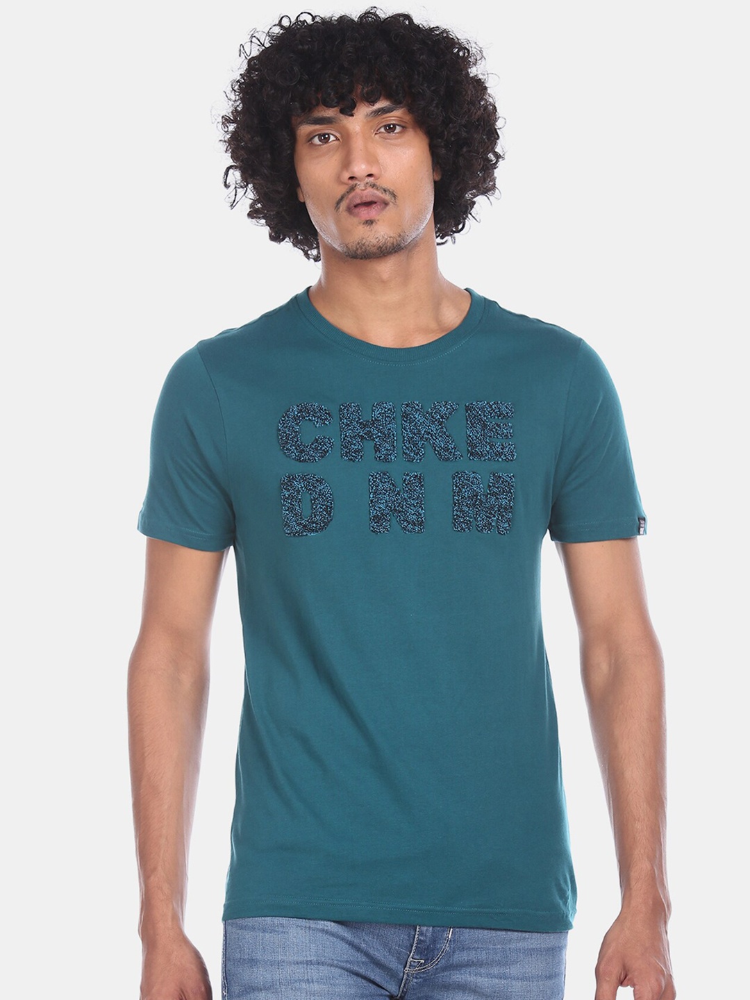 

Cherokee Men Teal Blue Printed Round Neck Pure Cotton T-shirt