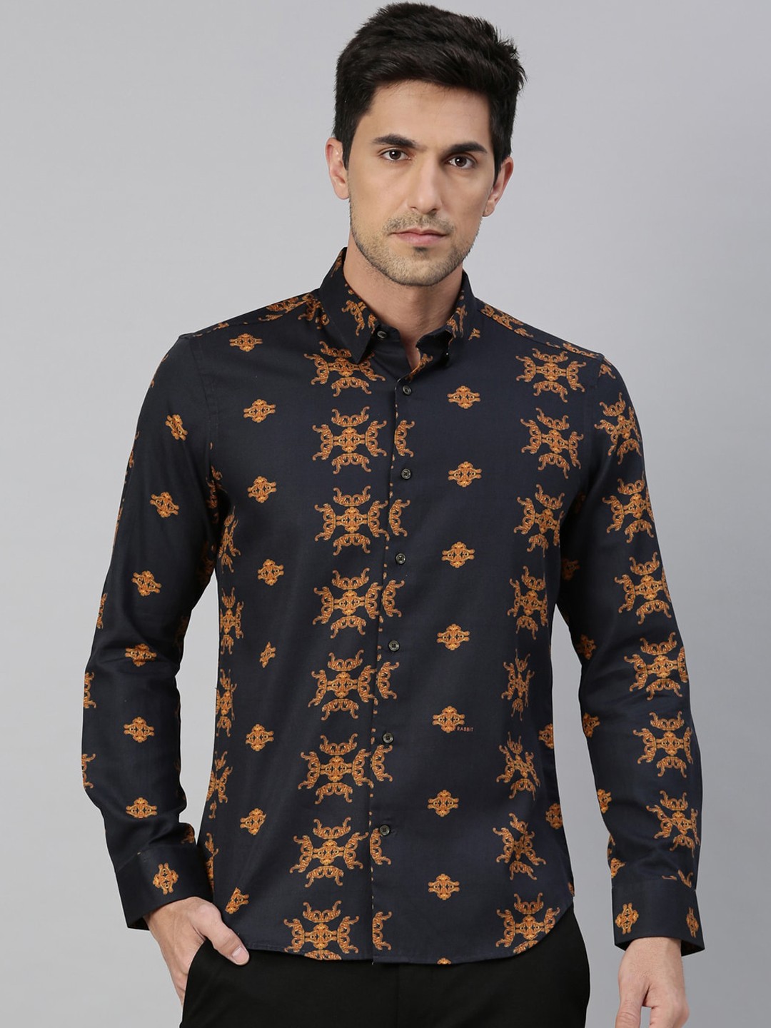 

RARE RABBIT Men Black & Yellow Regular Fit Printed Casual Shirt