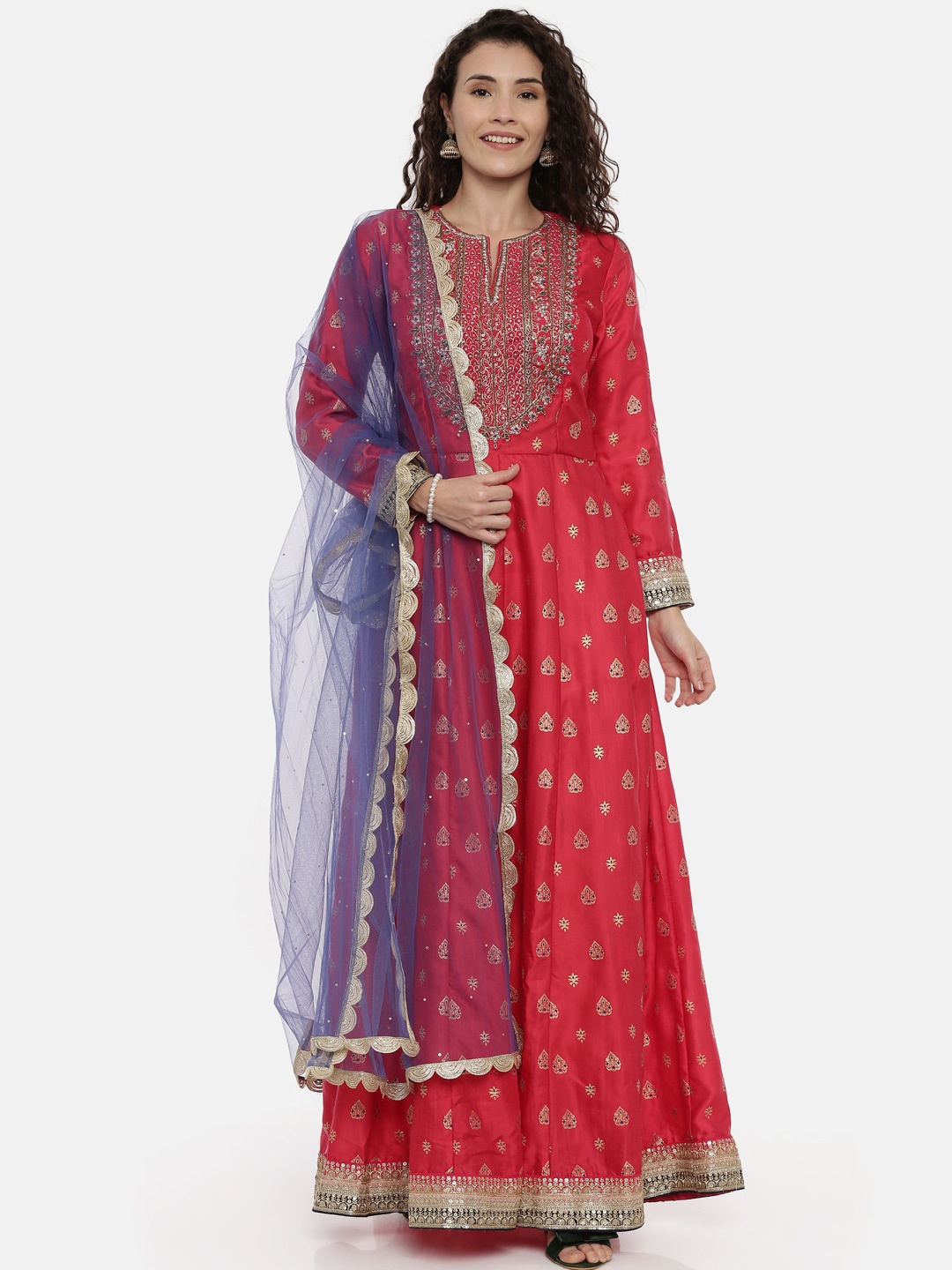 

Neerus Women Red & Beige Embroidered Kurta with Trousers & Dupatta