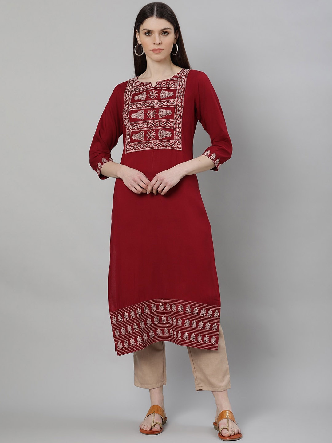 

Libas Women Maroon & Beige Yoke Design Kurta with Trousers