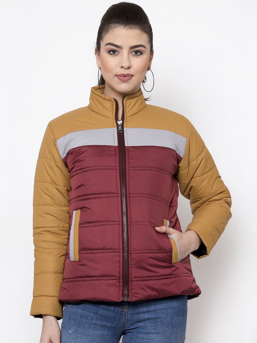 

VOXATI Women Maroon & Yellow Colourblocked Padded Jacket