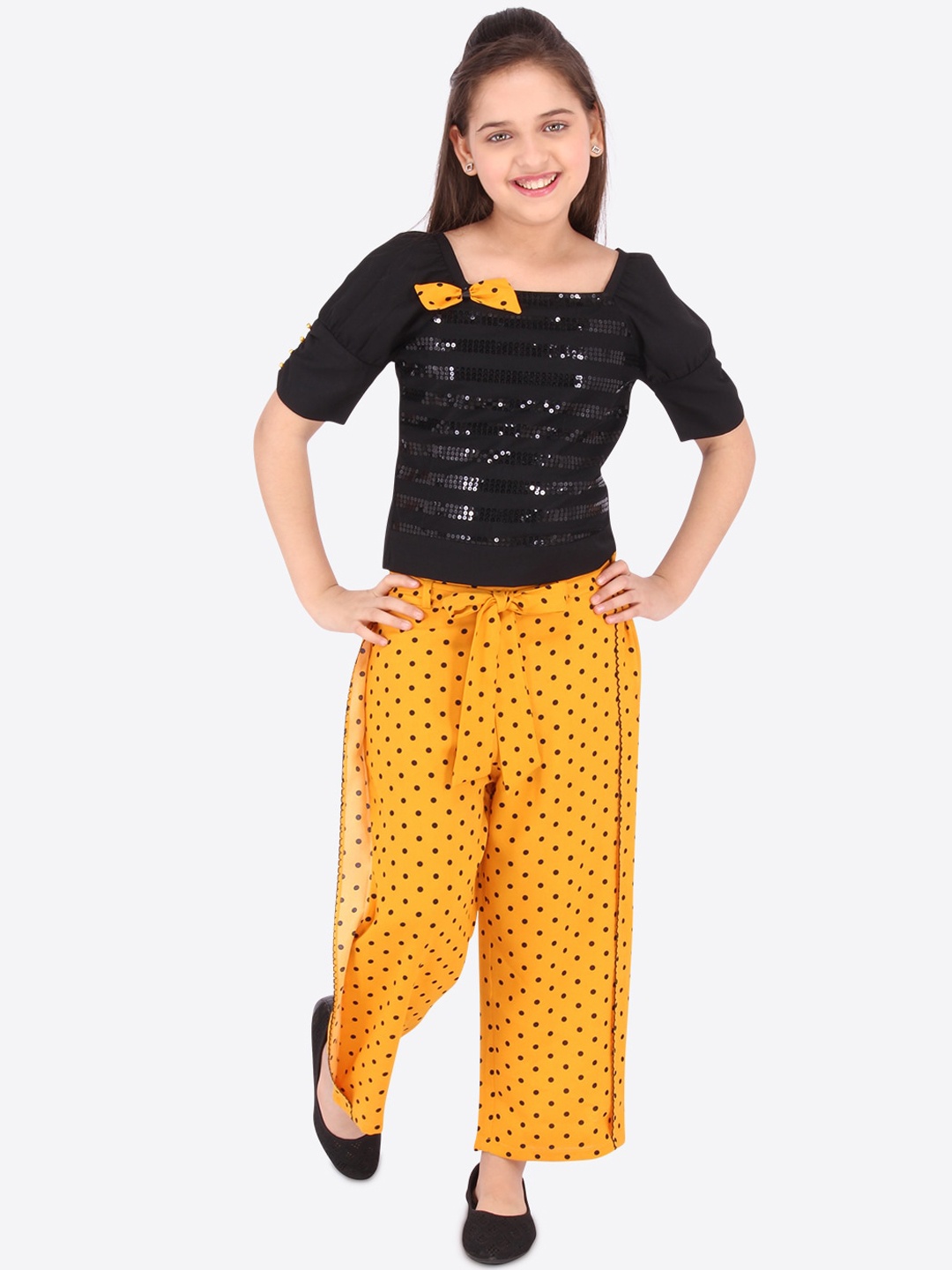 

CUTECUMBER Girls Yellow & Black Embellished Top with Palazzos