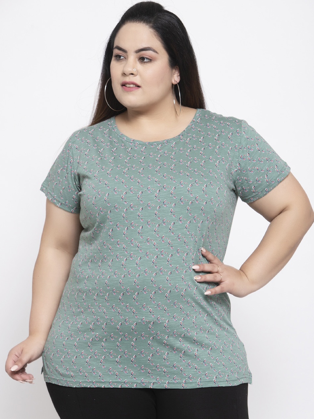 

plusS Women Olive Green Self Design Round Neck T-shirt