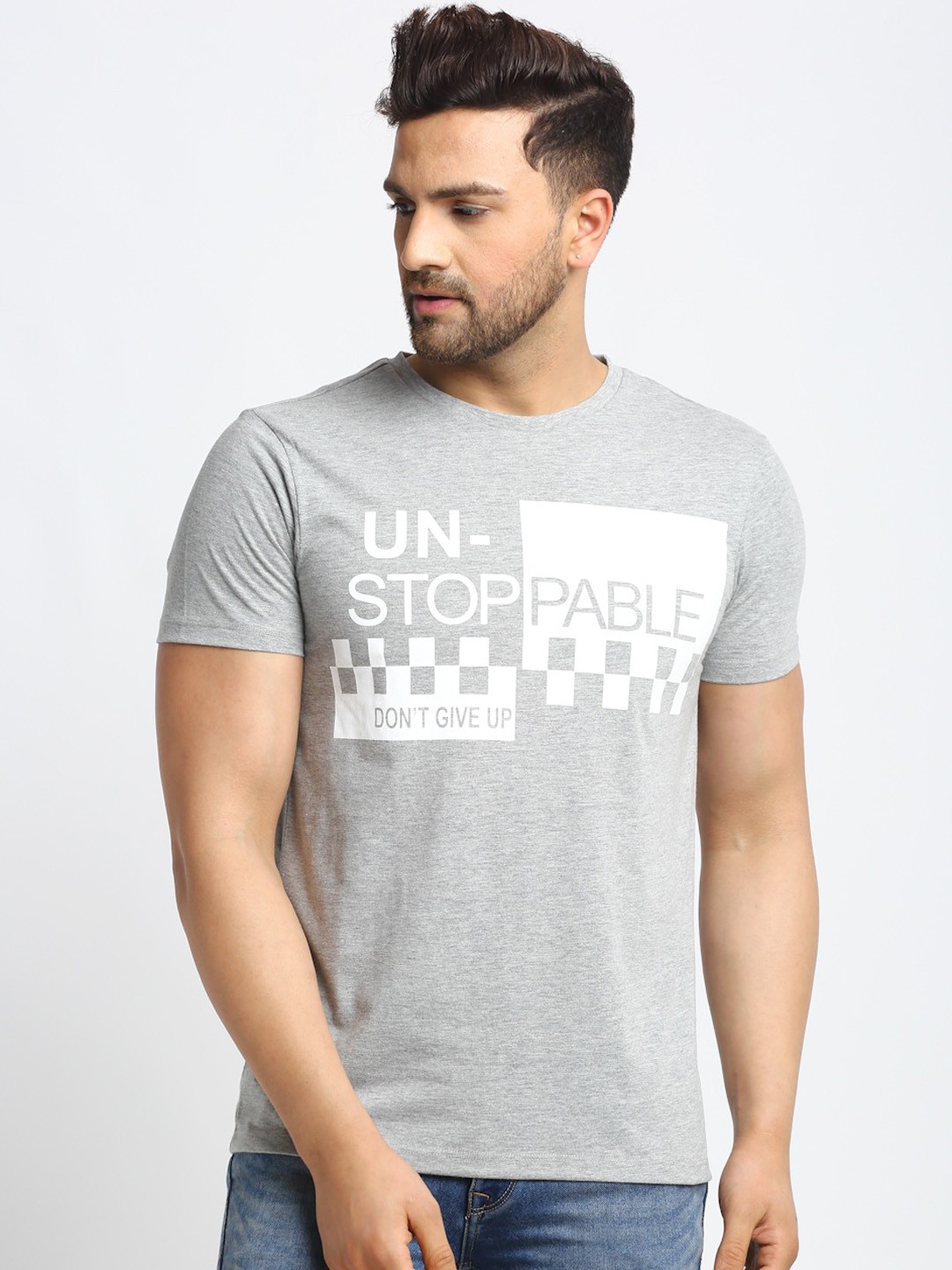 

DOOR74 Men Grey Printed Round Neck T-shirt