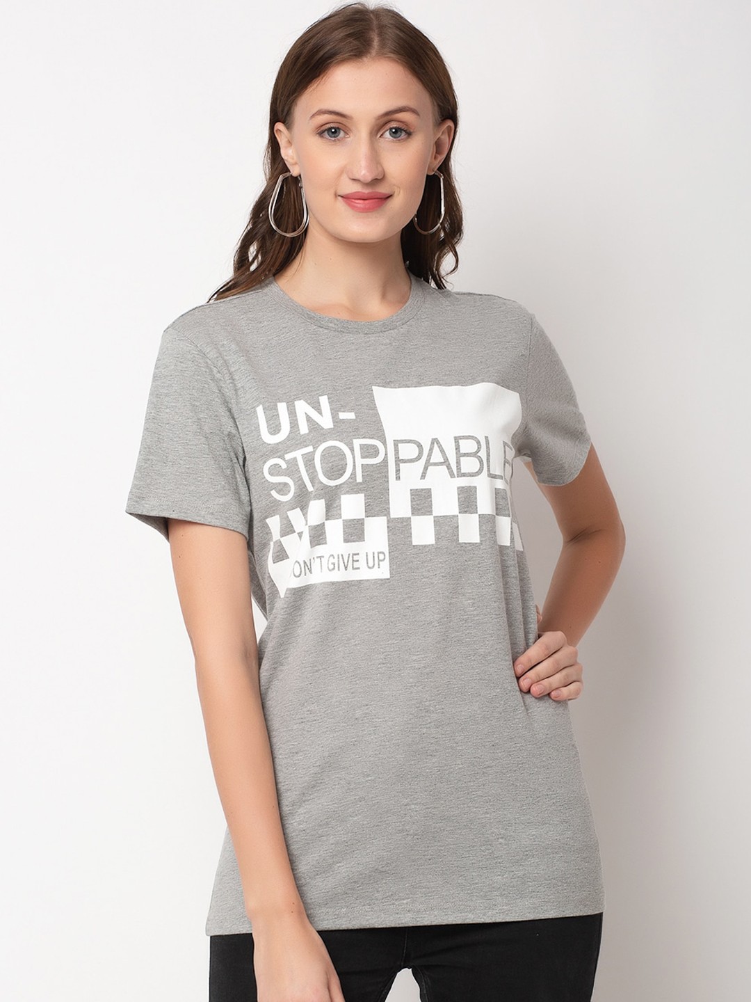 

DOOR74 Women Grey Printed Round Neck T-shirt