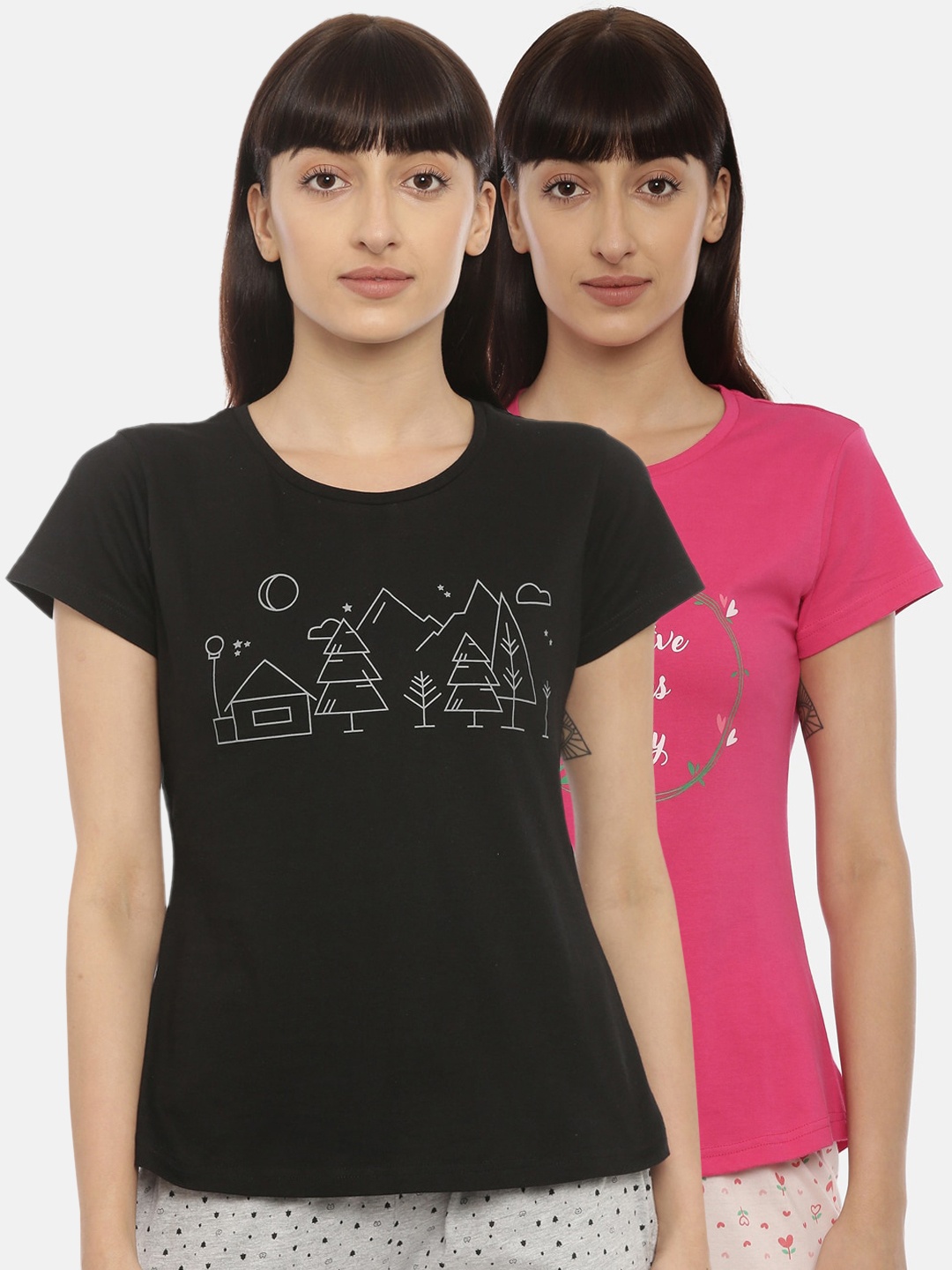 

Curare Women Pack Of 2 Printed Cotton Lounge T-shirts, Black